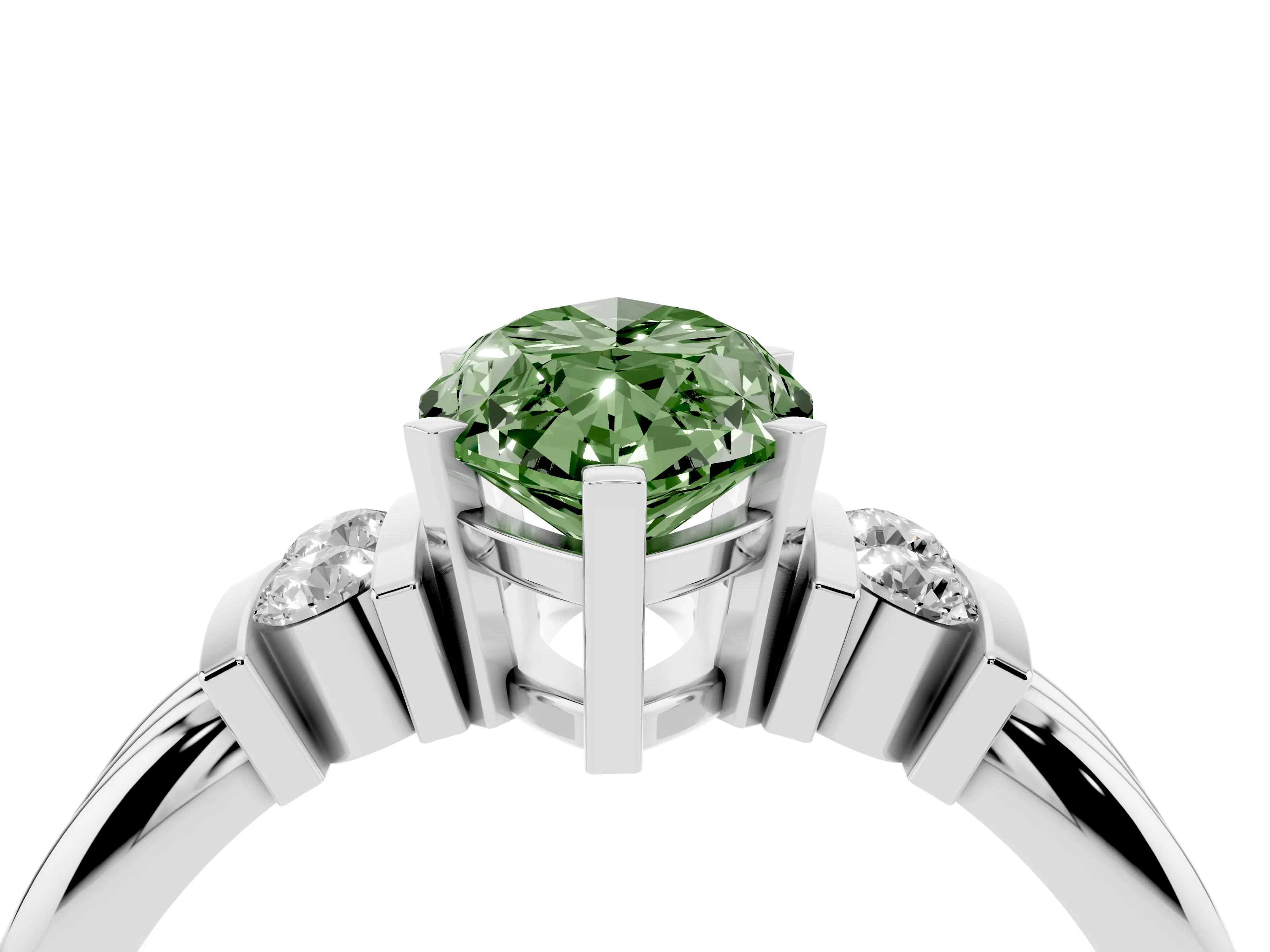 Fancy Green Three-Stone Marquise Cut Diamond Channel Set Ring Set in White gold with Bar Prongs