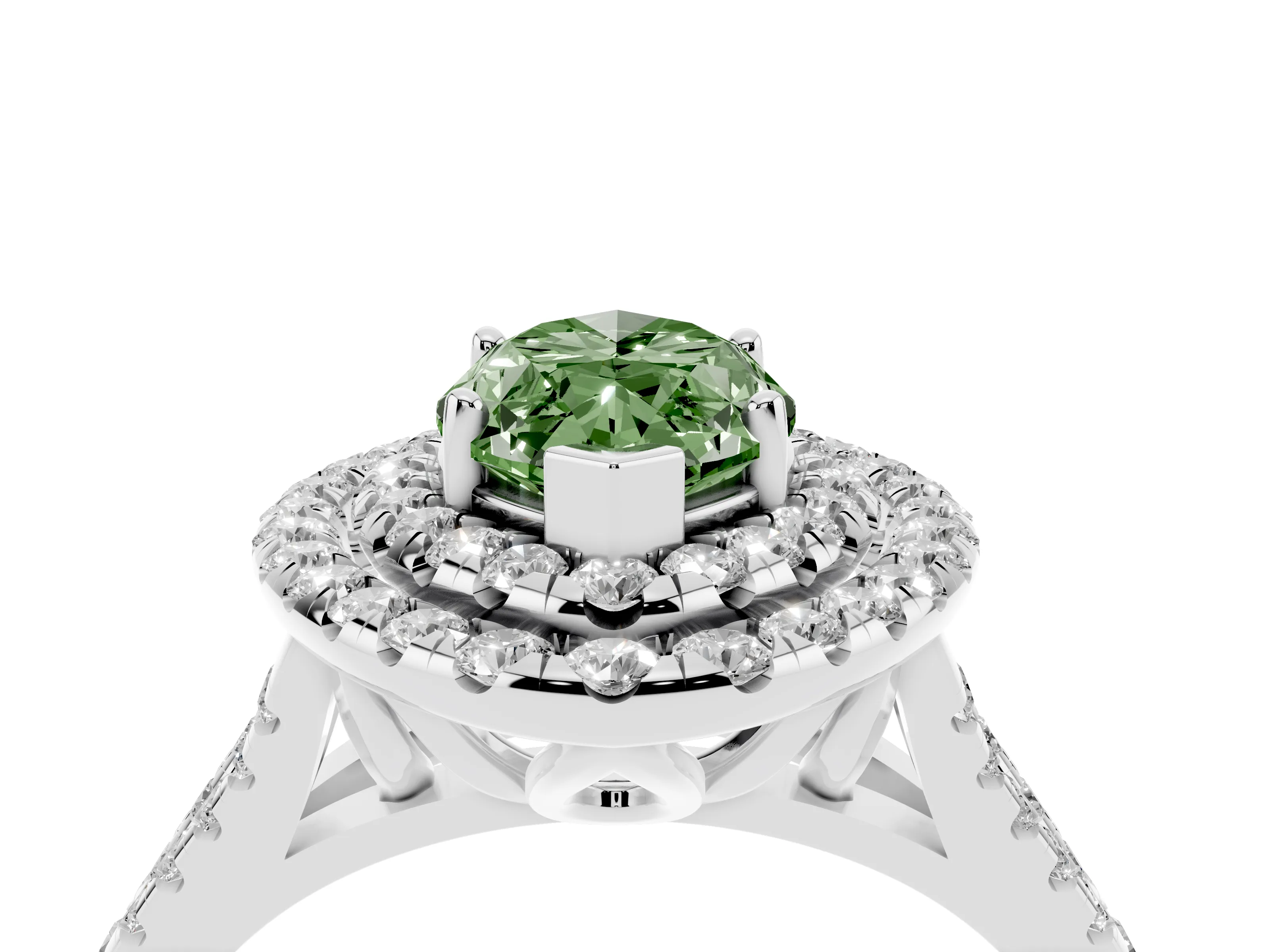 Fancy Green Marquise Cut Diamond Double Halo Ring Set in Platinum with Pavé Split Shank and Prong Setting