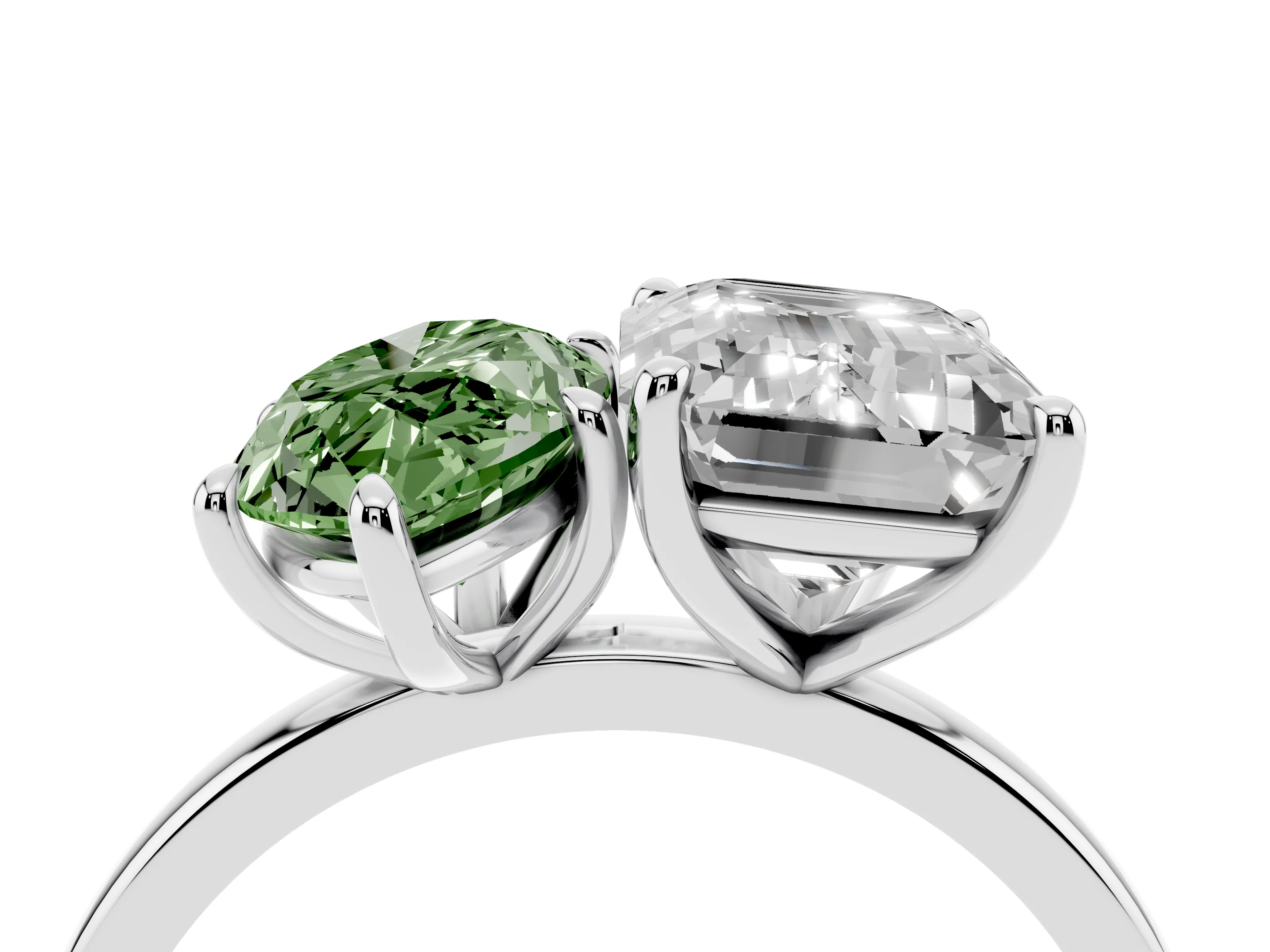 Fancy Green Marquise Cut and Emerald Cut Toi Moi Ring Set in Platinum with Prong Setting