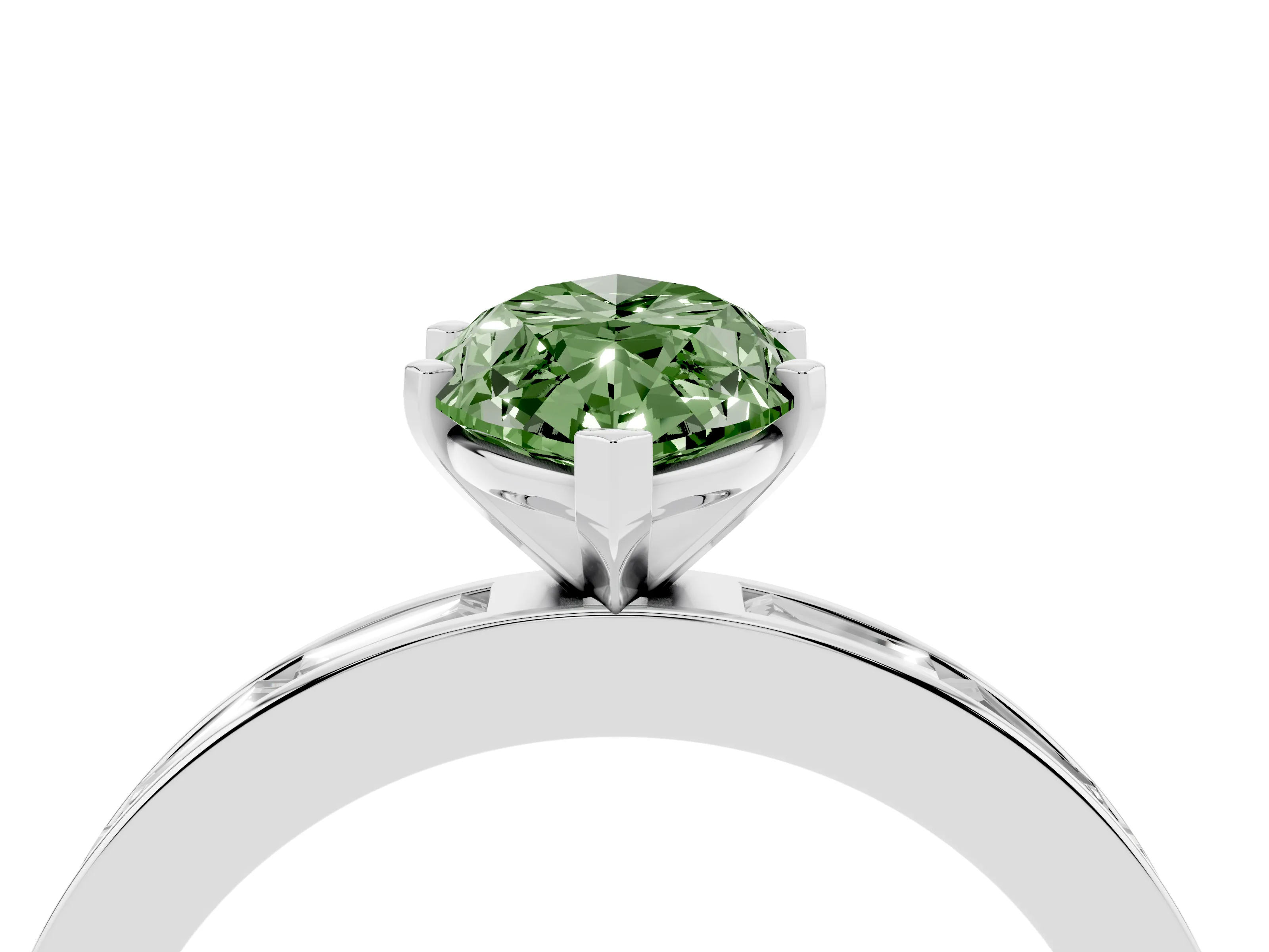 Fancy Green Marquise Cut Diamond Solitaire Ring Set in Silver with Channel-Set Baguette Band and Prong Setting