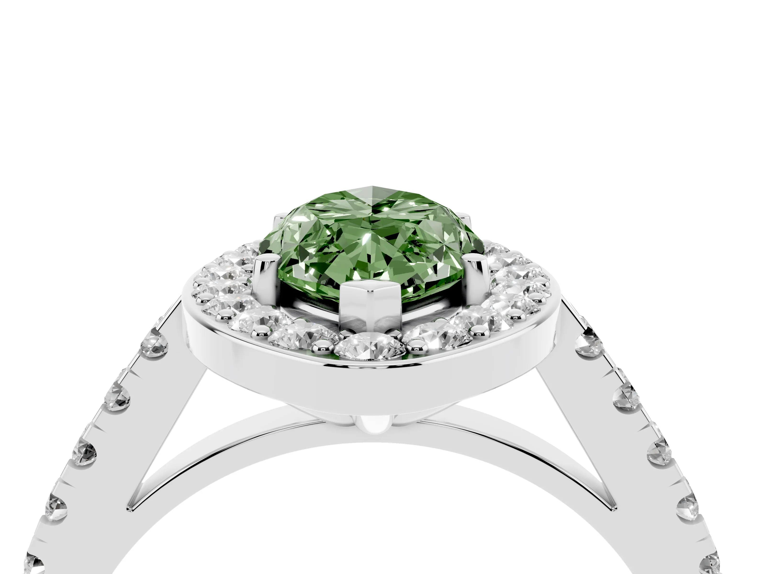 Fancy Green Marquise Cut Diamond Halo Ring Set in Platinum with Round Pavé Split Shank and Prong Setting