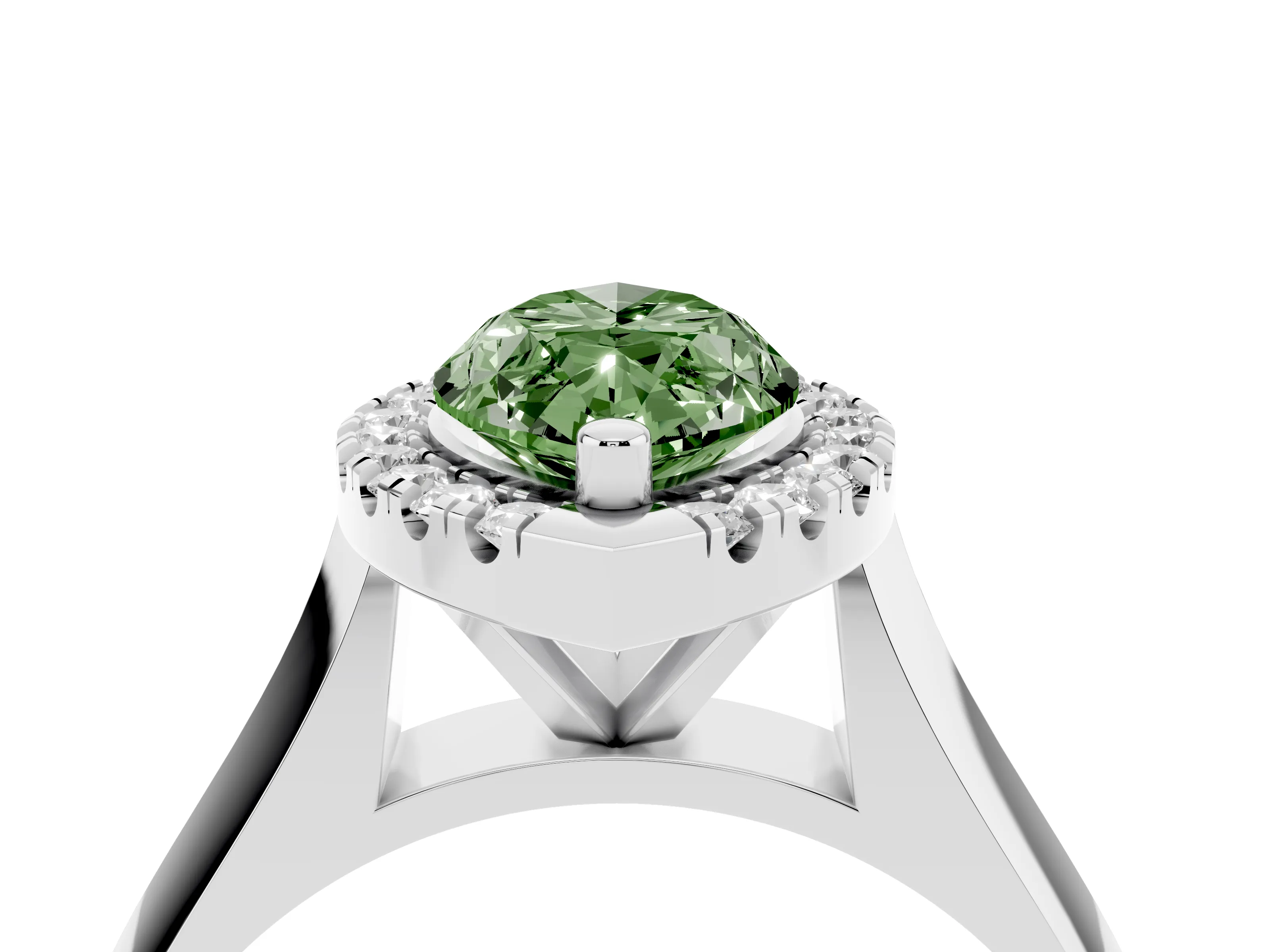 Fancy Green Marquise Cut Diamond Halo Solitaire Engagement Ring Set in Platinum with Square Band and Prong Setting