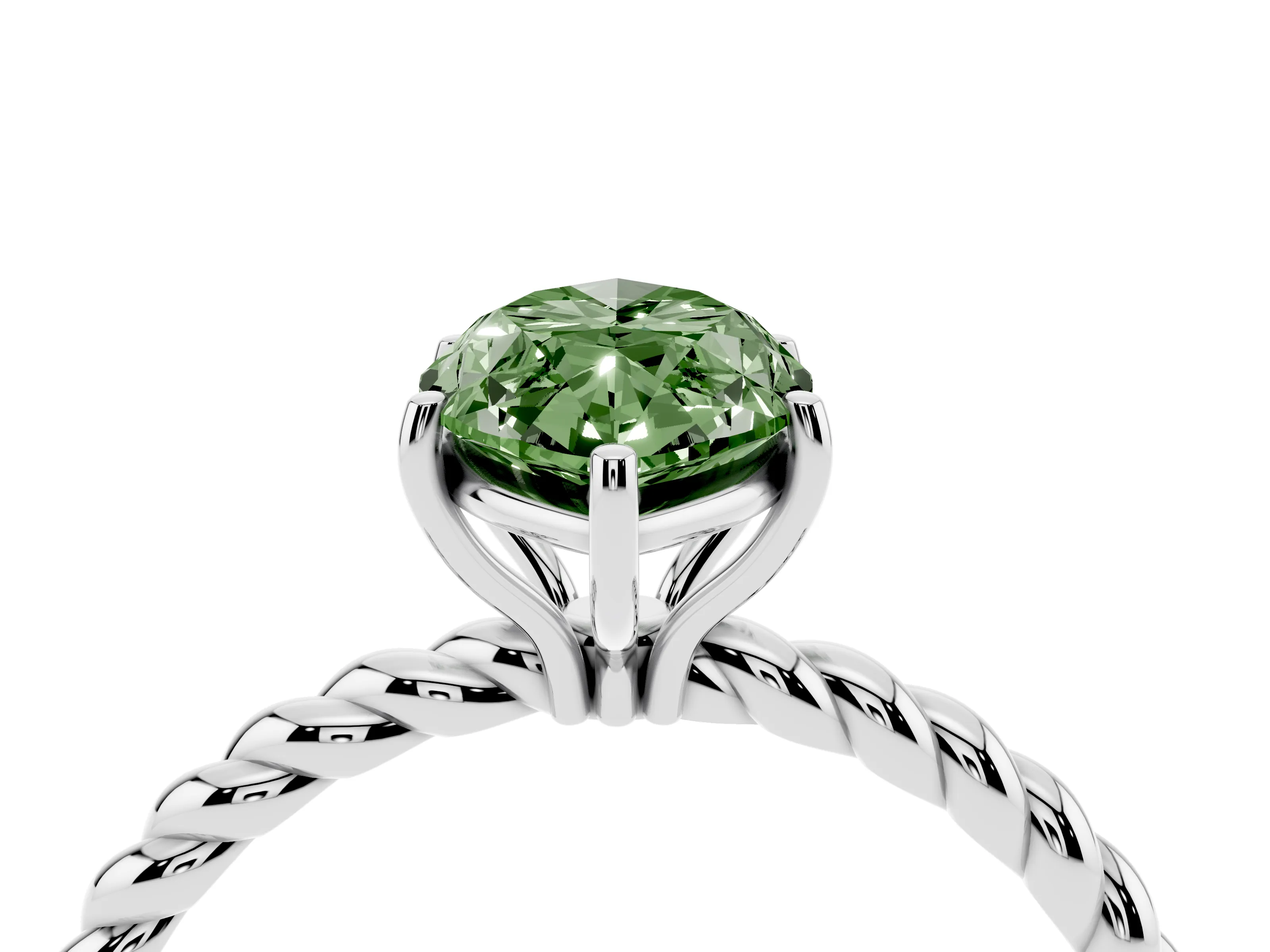 Fancy Green Marquise Cut Diamond Solitaire Ring Set in Silver with Twist Band and Prong Setting