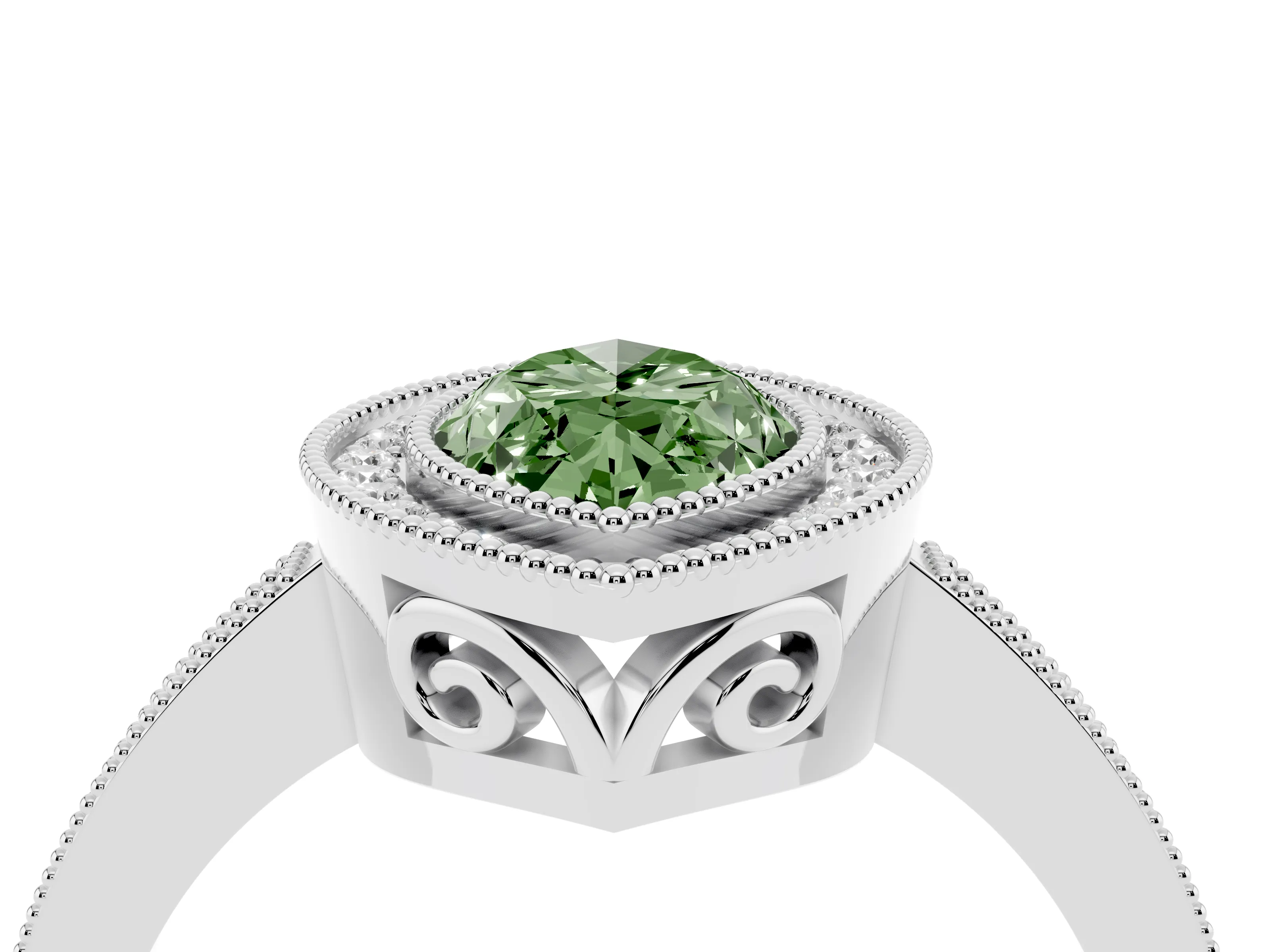 Fancy Green Marquise Cut Diamond Halo Ring Set in White gold with Pavé Band and Milgrain-Edged Prongs
