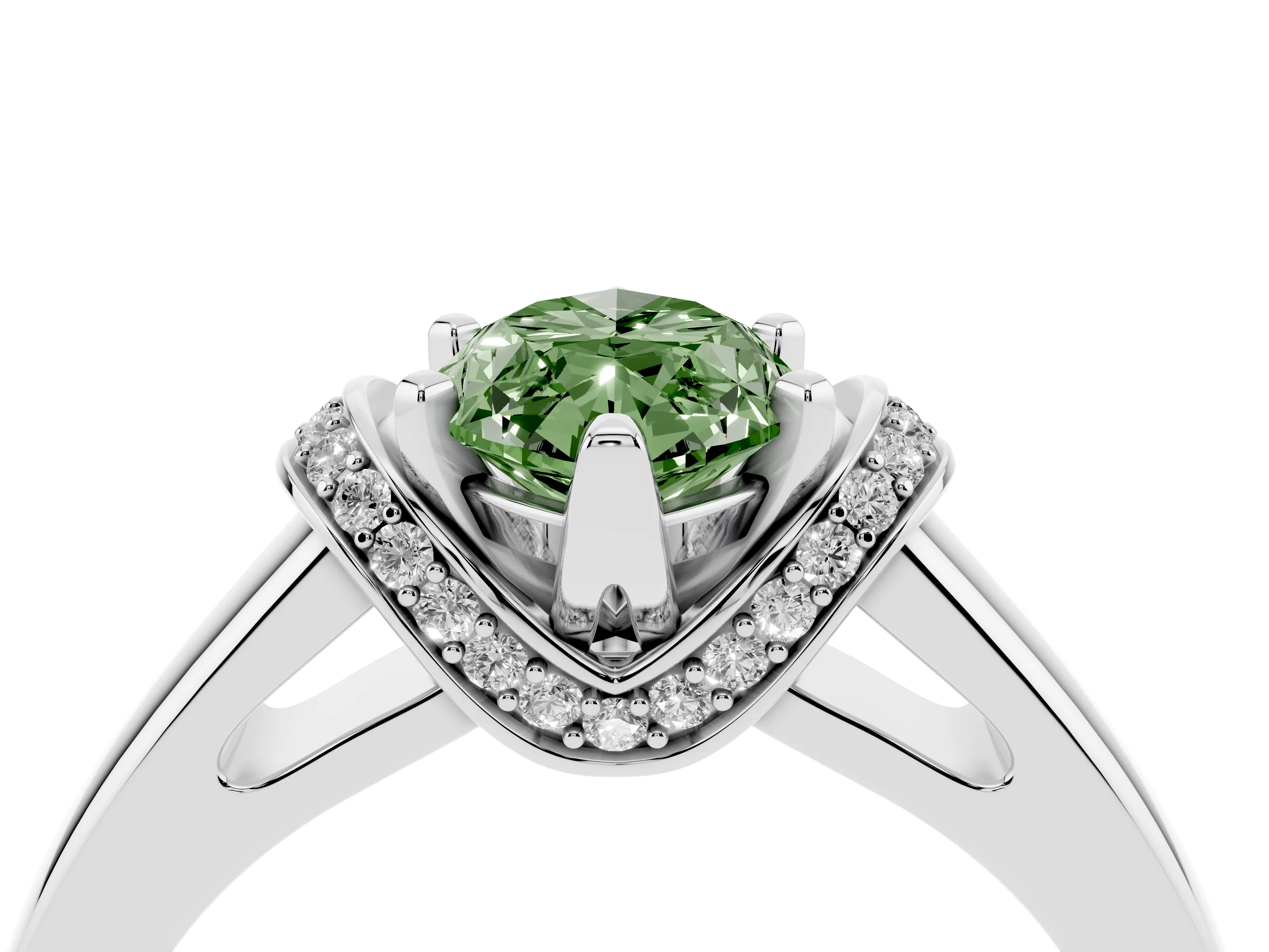 Fancy Green Marquise Cut Diamond Pavé Band Solitaire Ring Set in Silver with Prong Setting