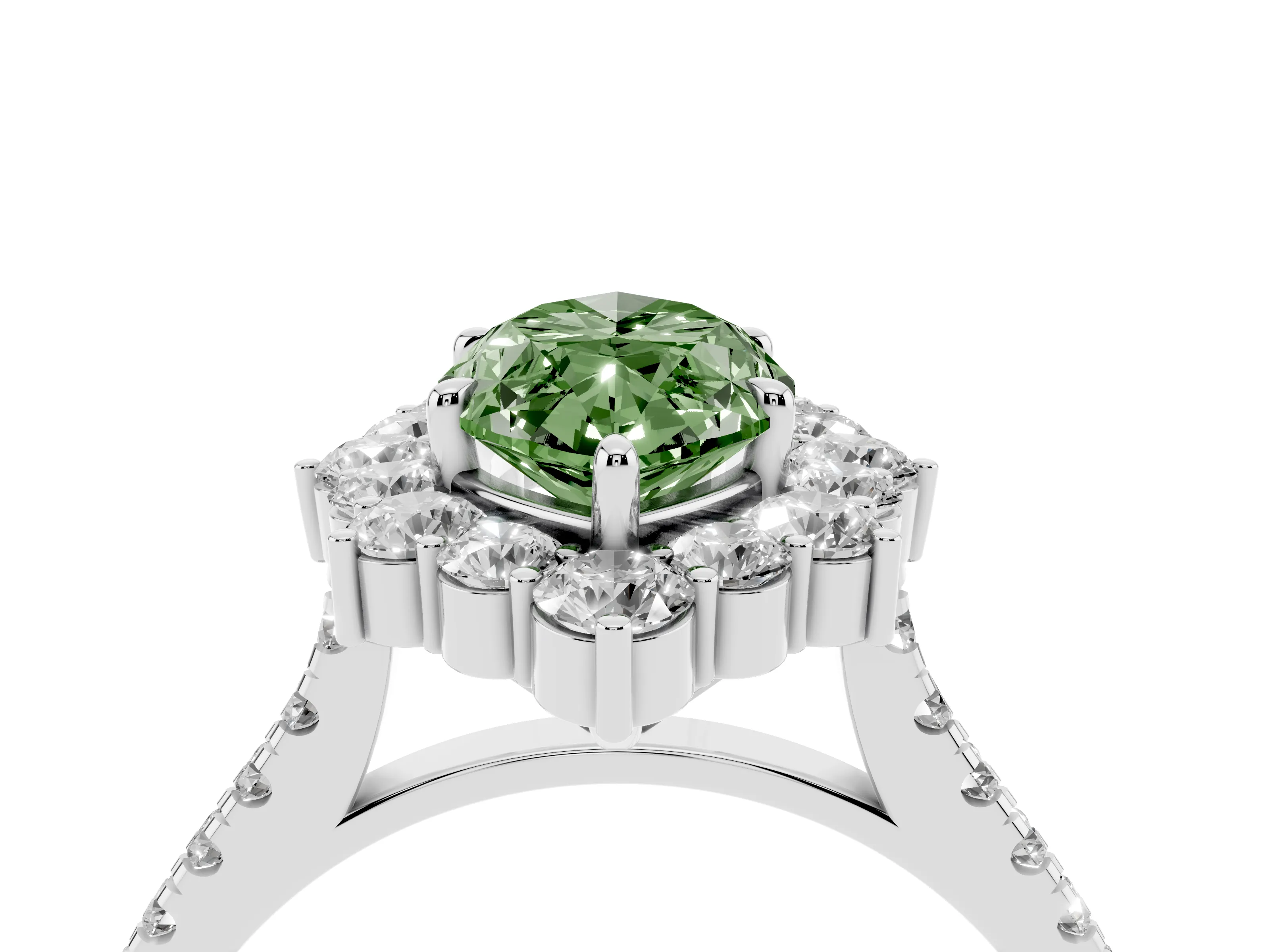 Fancy Green Marquise Cut Diamond Halo Ring Set in White gold with Pavé Band and Prong Setting