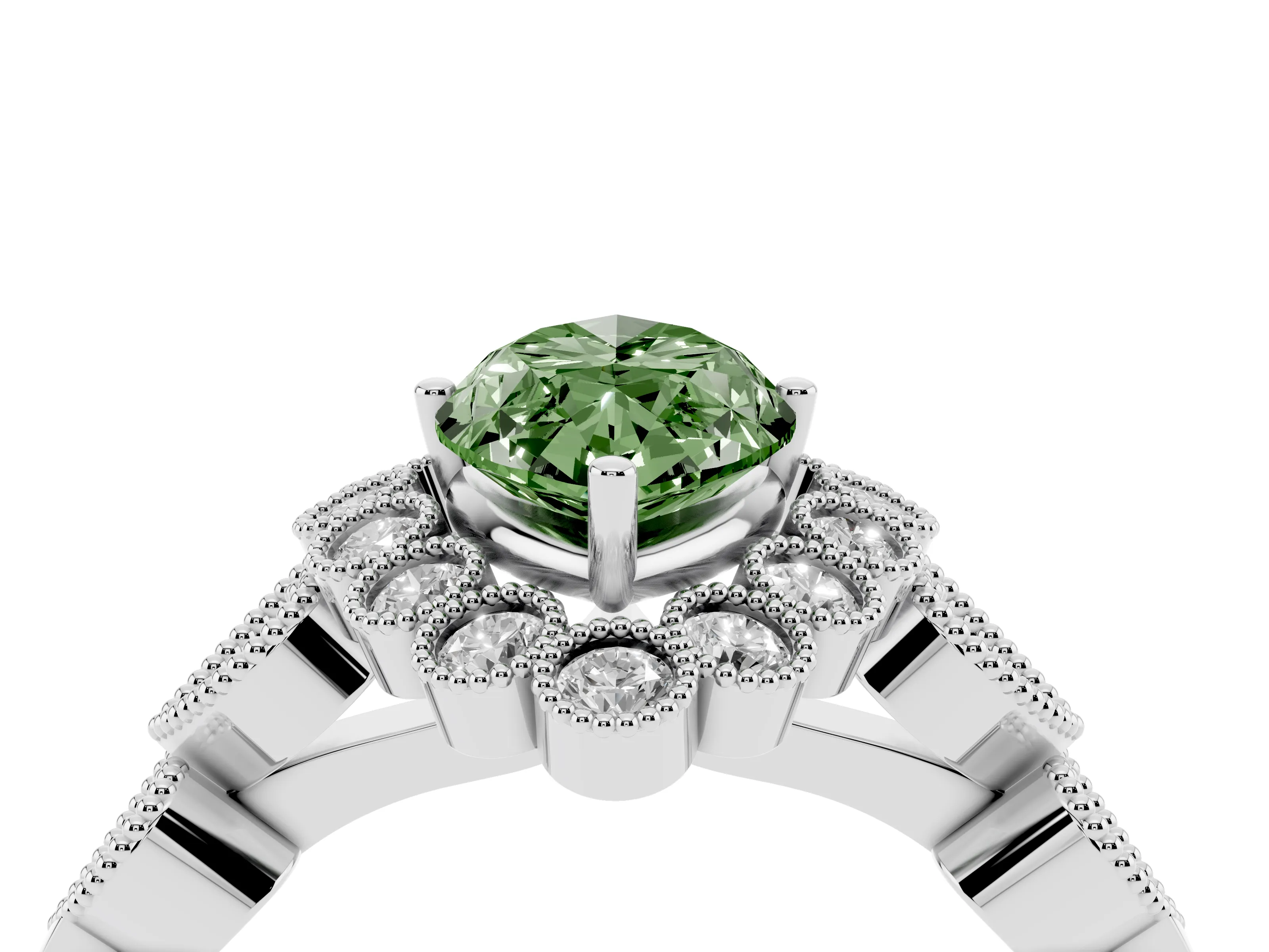 Fancy Green Marquise Cut Diamond Solitaire Ring Set in Platinum with Milgrain Pavé Heart Band