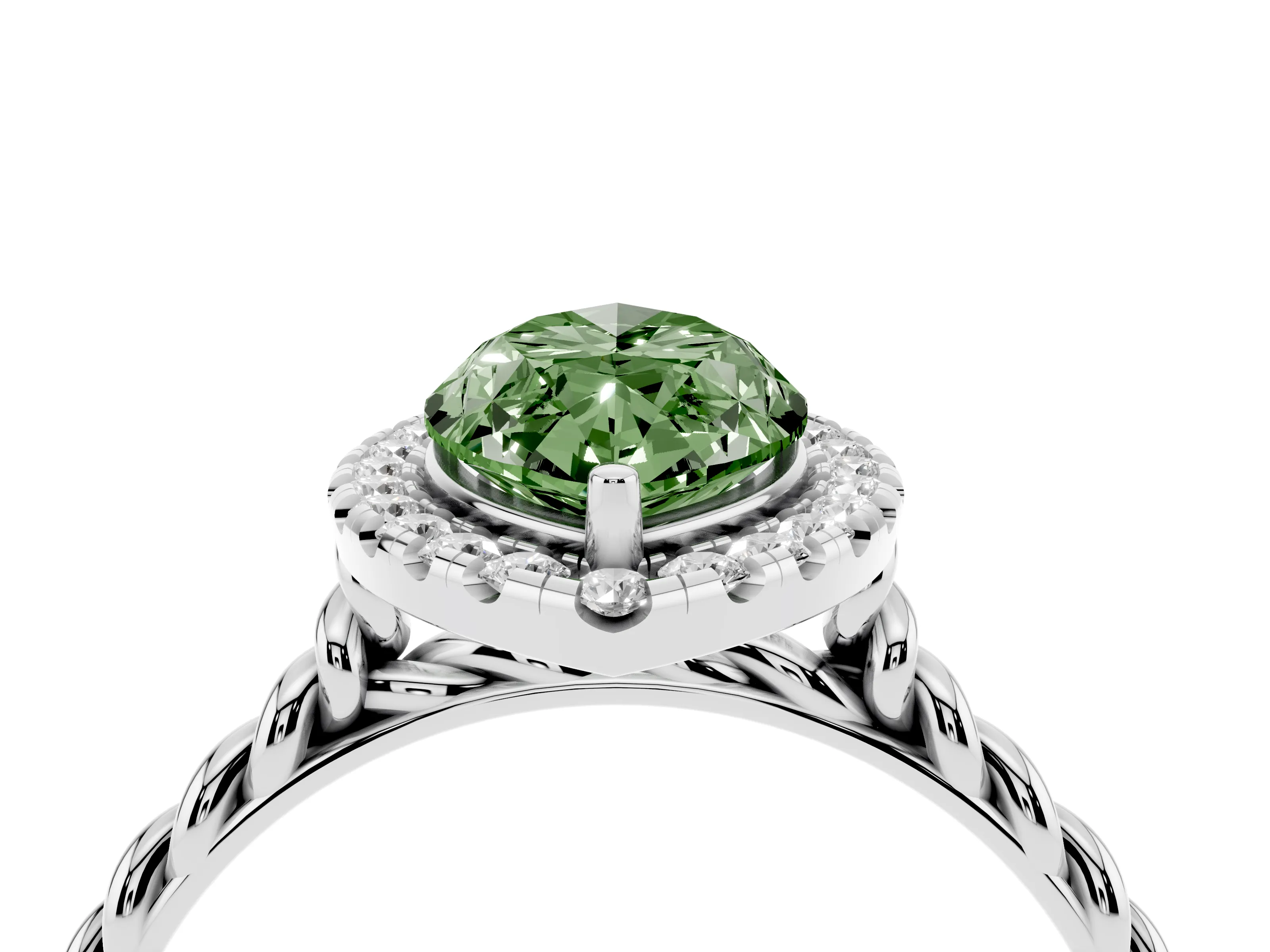 Fancy Green Marquise Cut Diamond Halo Ring Set in White gold with Plain Twisted Band