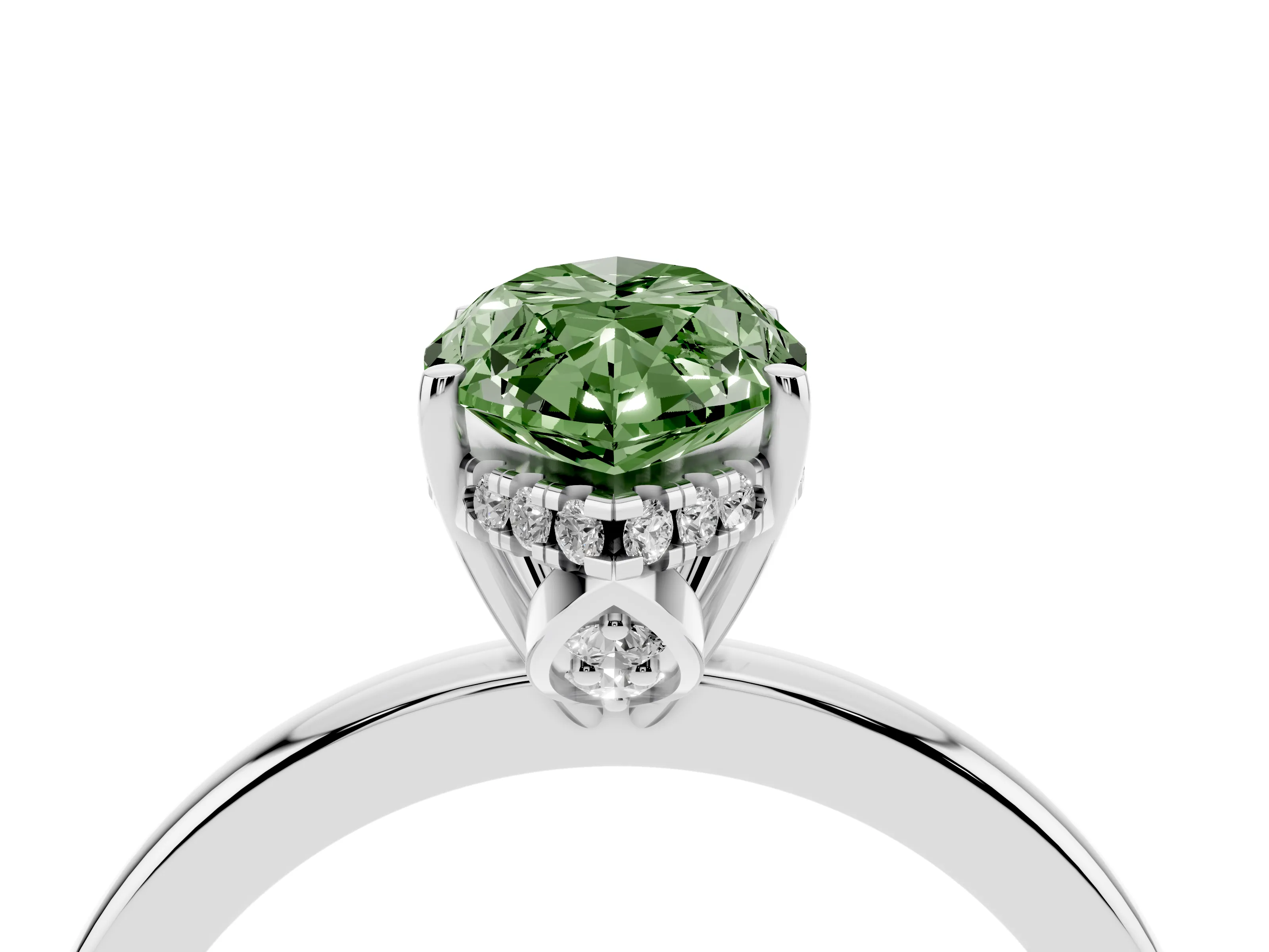 Fancy Green Marquise Cut Diamond Solitaire Ring Set in White gold with Plain Band and Prong Setting