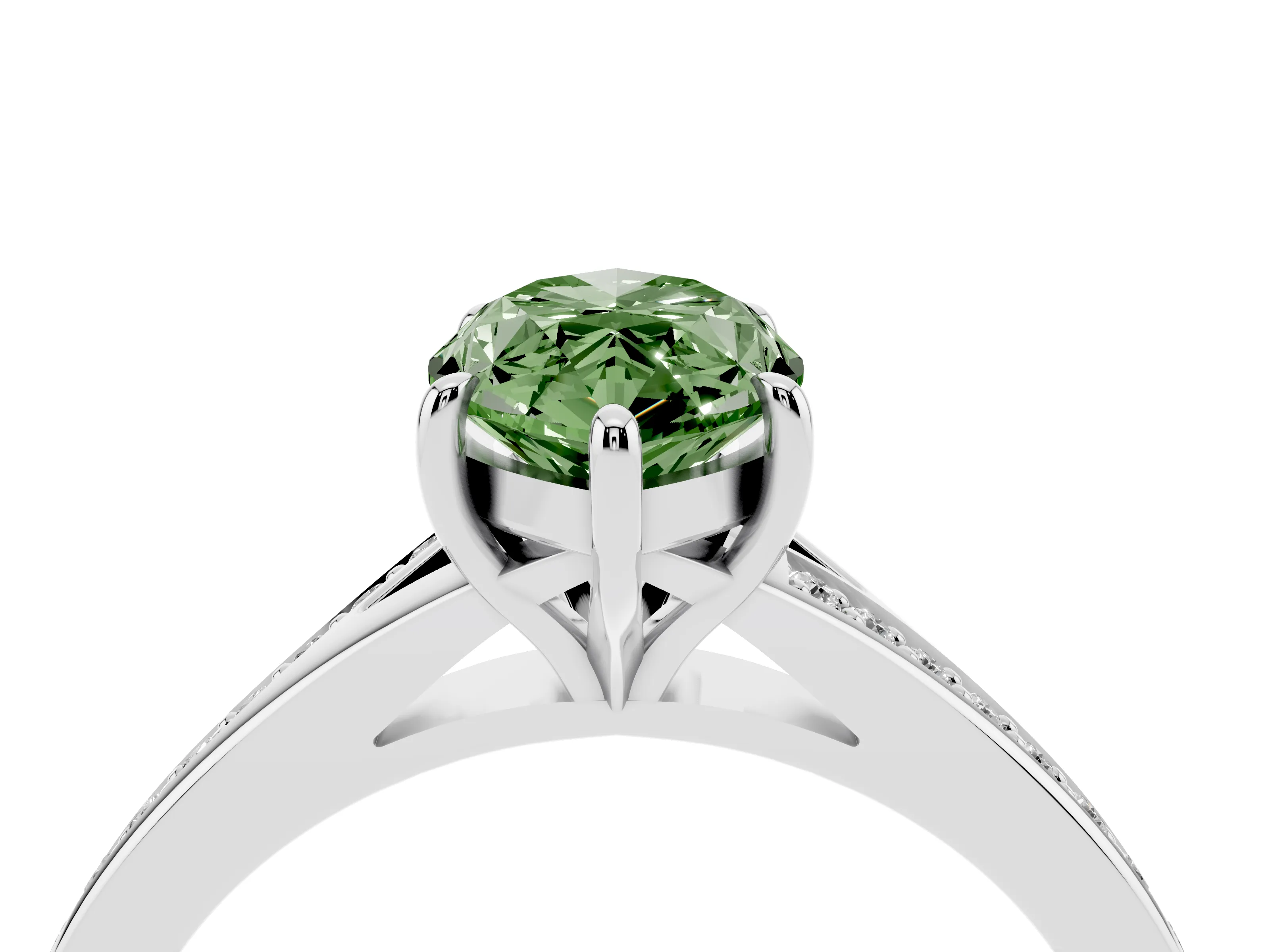 Fancy Green Marquise Cut Diamond Solitaire Ring Set in White gold with Pavé Accent Band and Classic Prong Setting