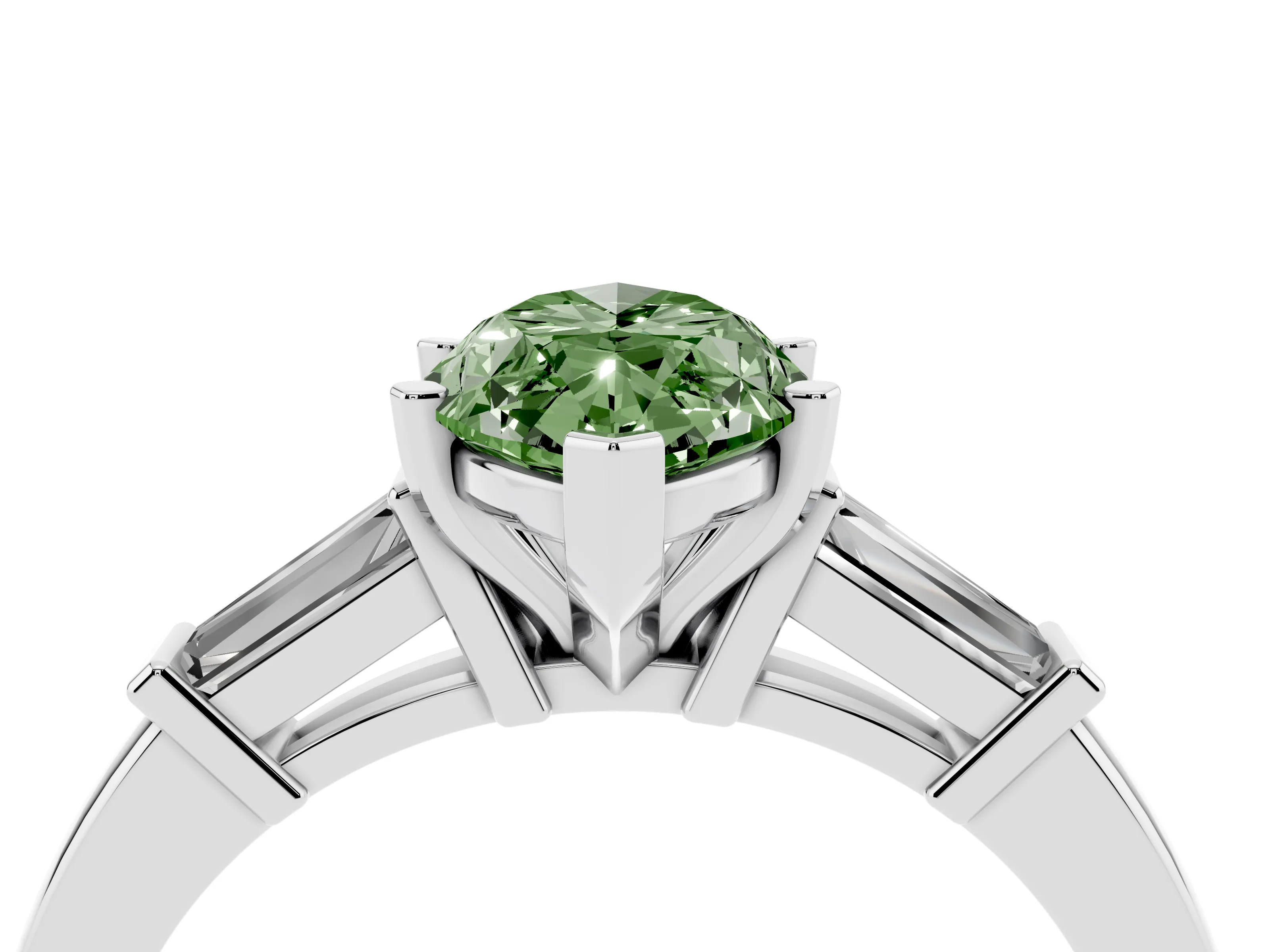 Fancy Green Marquise Cut Diamond Solitaire Ring Set in White gold with Tapered Baguette Accents and Prong Setting
