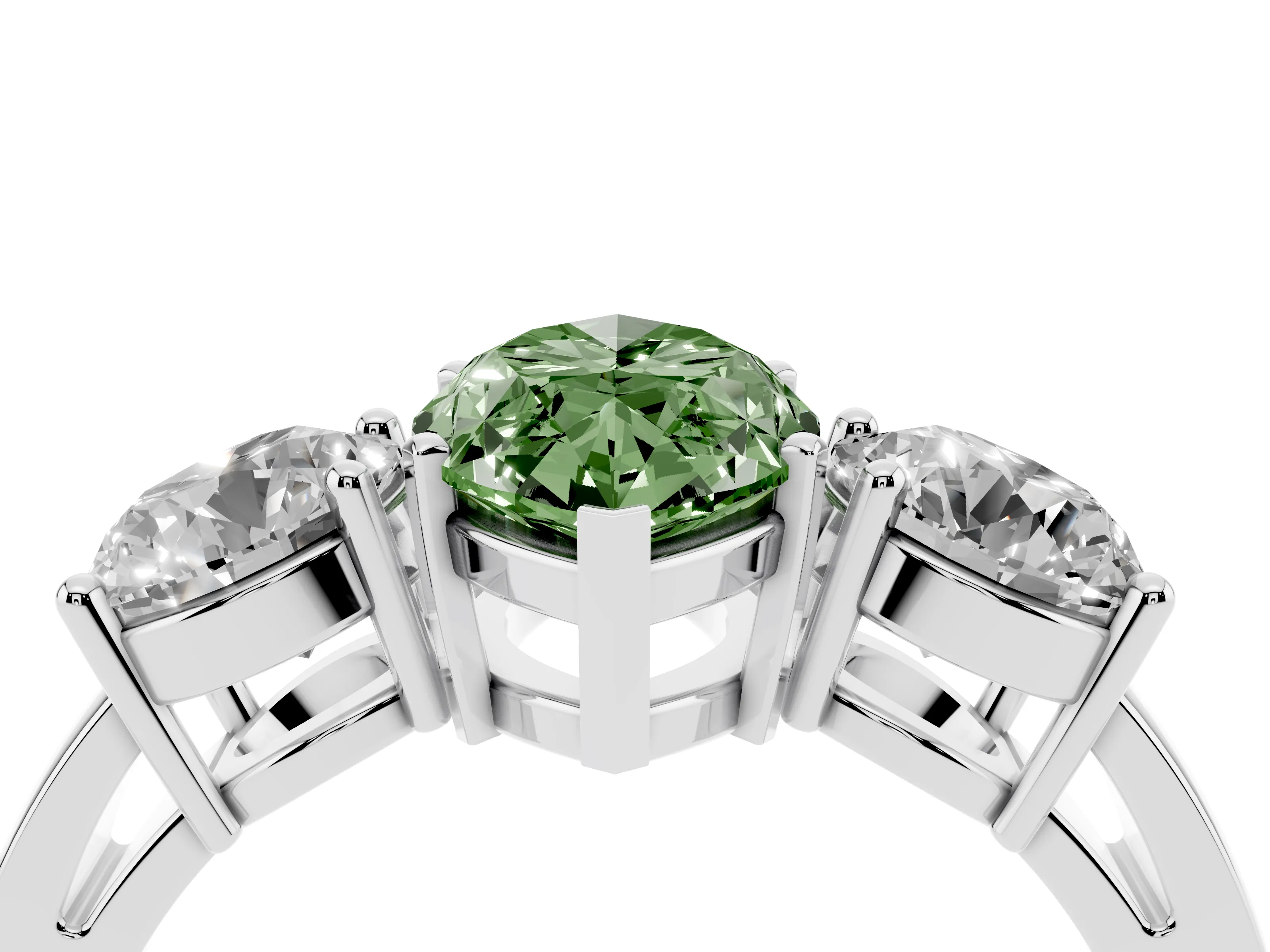 Fancy Green Marquise Cut Diamond Three-Stone Ring Set in Platinum with Round Side Stones and Classic Band