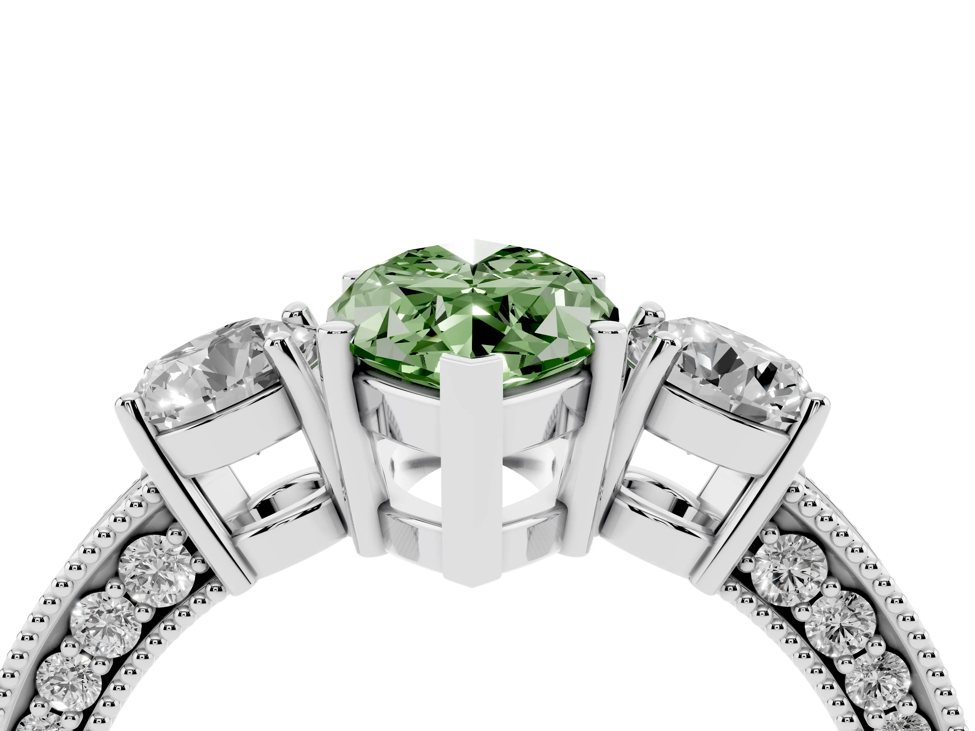 Fancy Green Marquise Cut Diamond Three-Stone Ring Set in Silver with Round Side Stones and Pavé Band