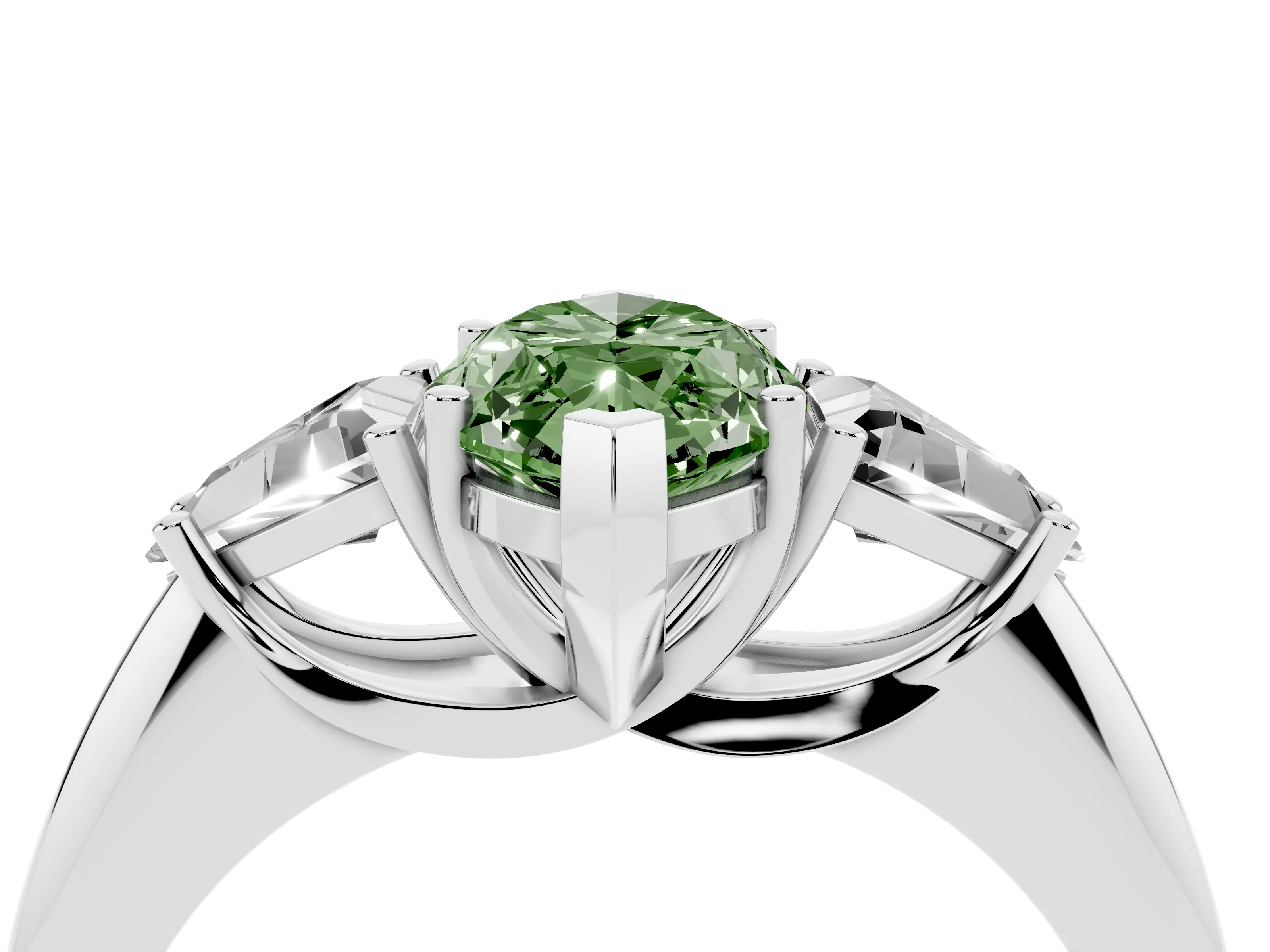 Fancy Green Marquise Cut Diamond Three-Stone Engagement Ring Set in Silver with Trillion Side Stones