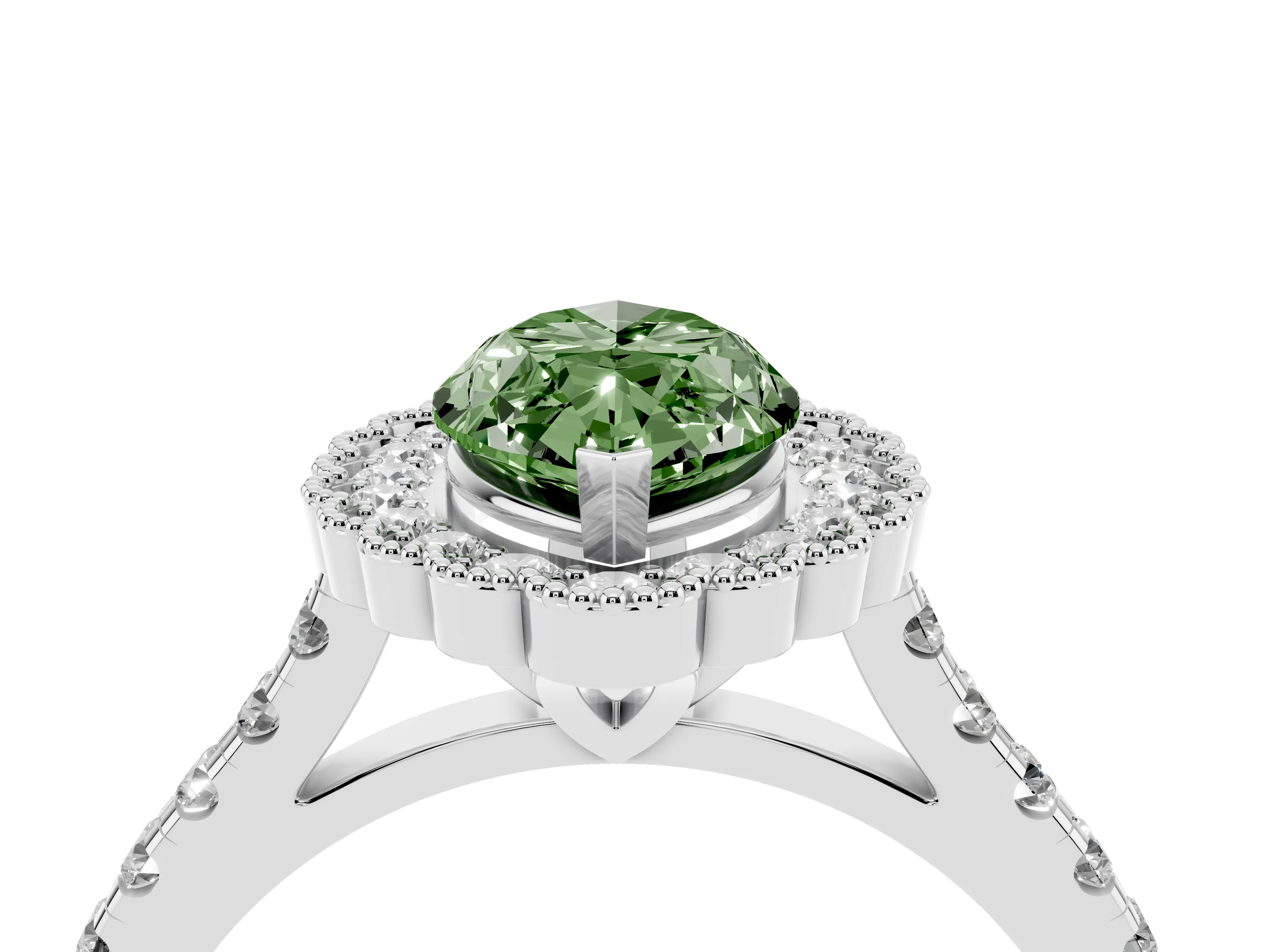 Fancy Green Marquise Cut Diamond Milgrain Floral Halo Engagement Ring Set in White gold with Pavé Band