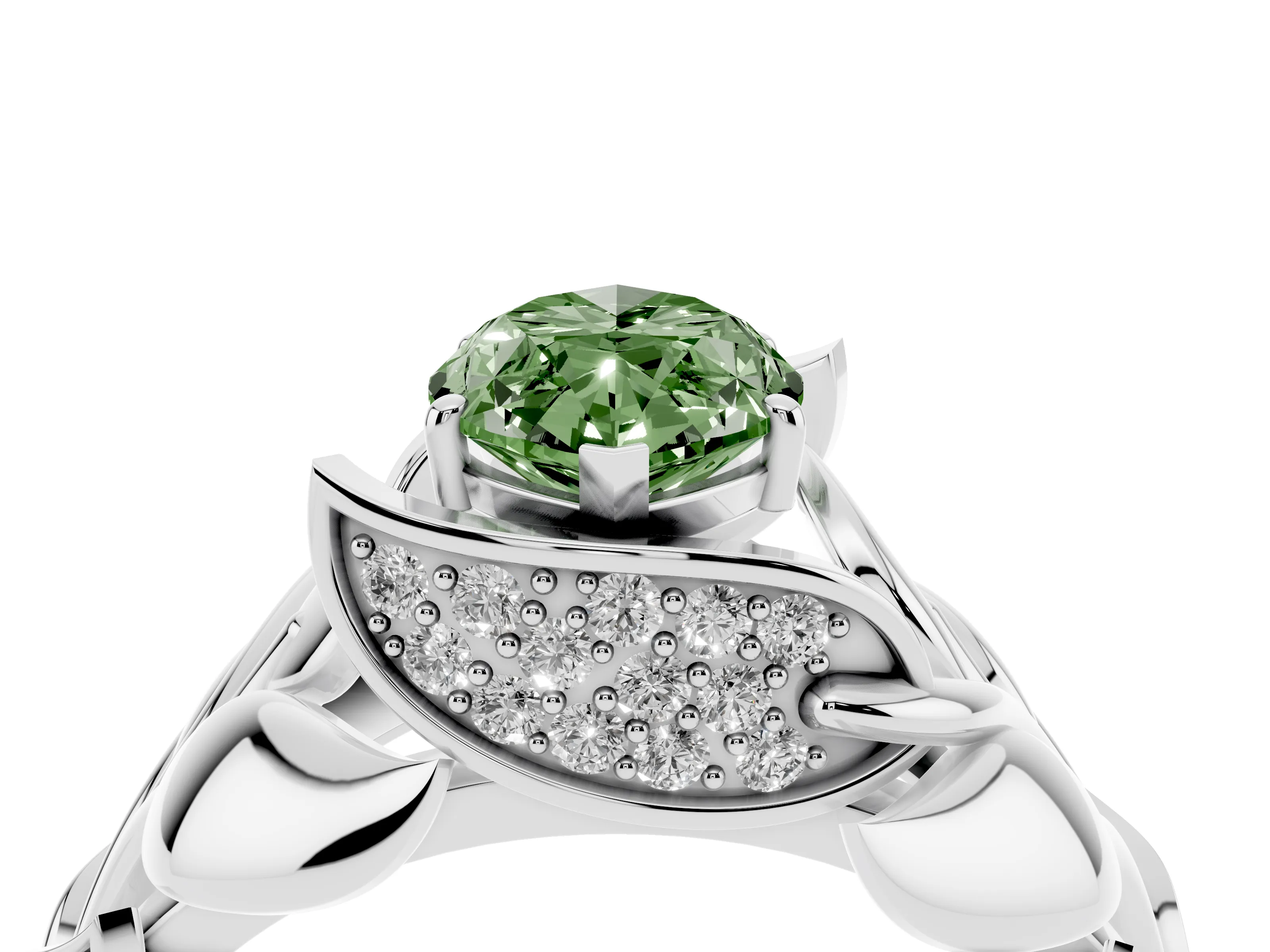 Fancy Green Marquise Cut Diamond Leaf-Inspired Engagement Ring Set in Platinum with Round Accents