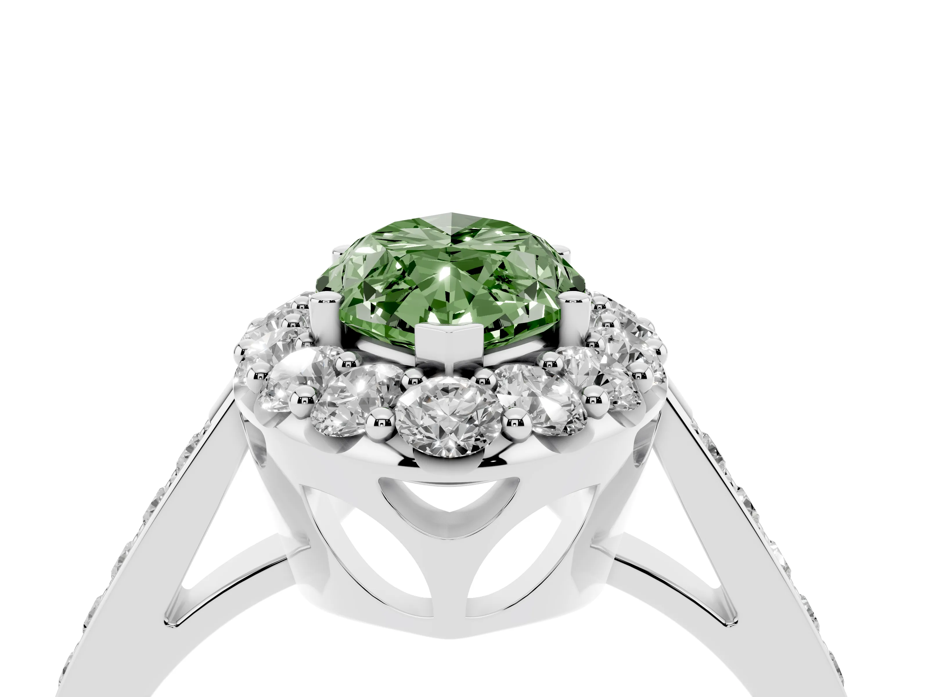Fancy Green Marquise Cut Diamond Floral Halo Ring Set in Silver with Pavé Band and Prong Setting