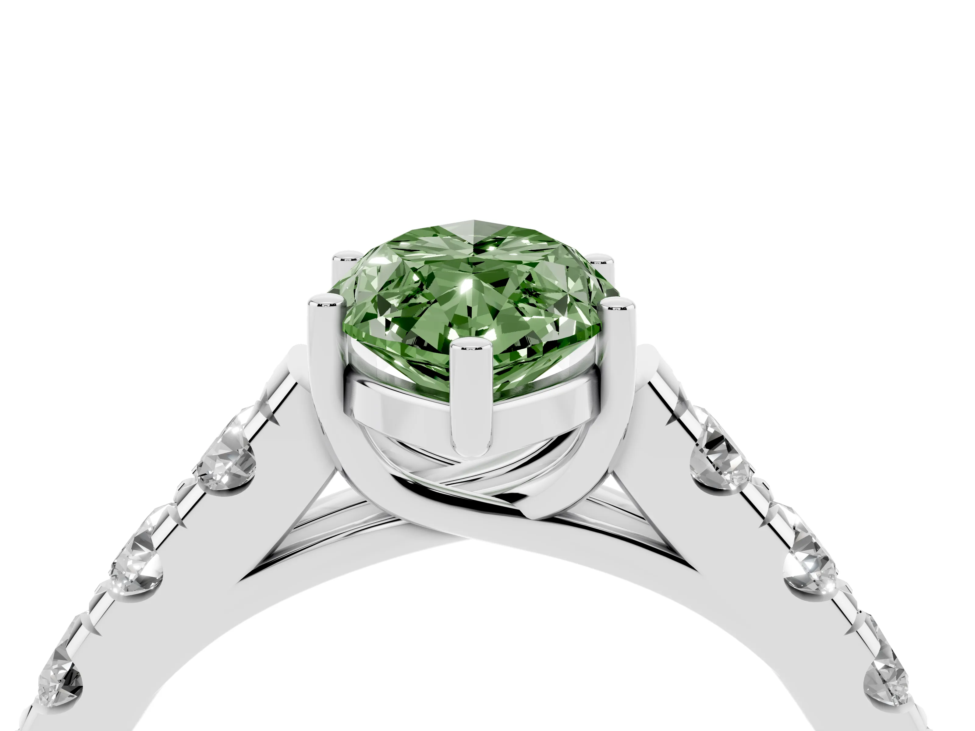 Fancy Green Marquise Cut Diamond Solitaire Ring Set in Silver with Cut-Down Micro Pavé Band and Prong Setting