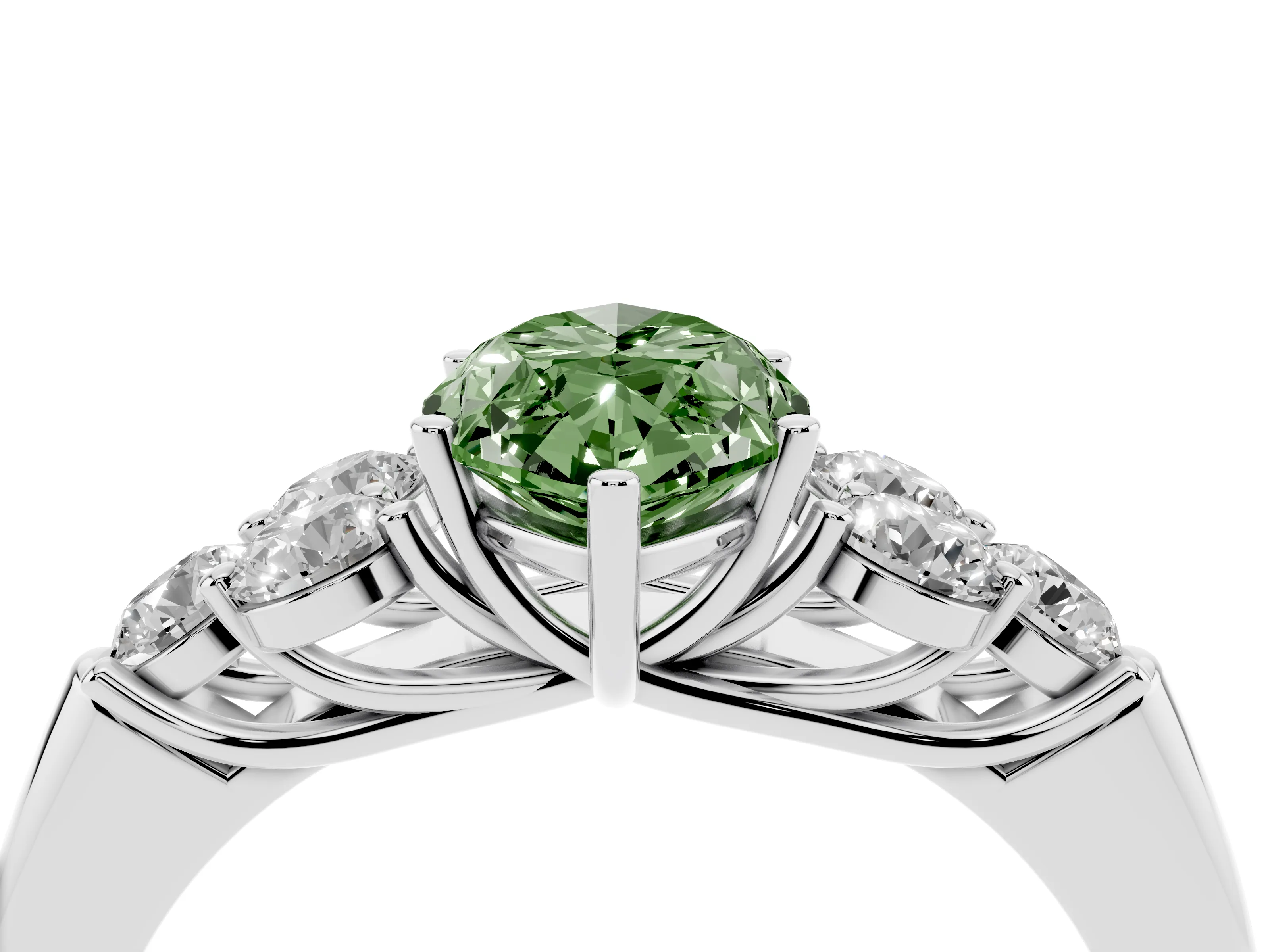 Fancy Green Marquise Cut Diamond Cluster Ring Set in Platinum with Round Accent Stones and Prong Setting on a Plain Band