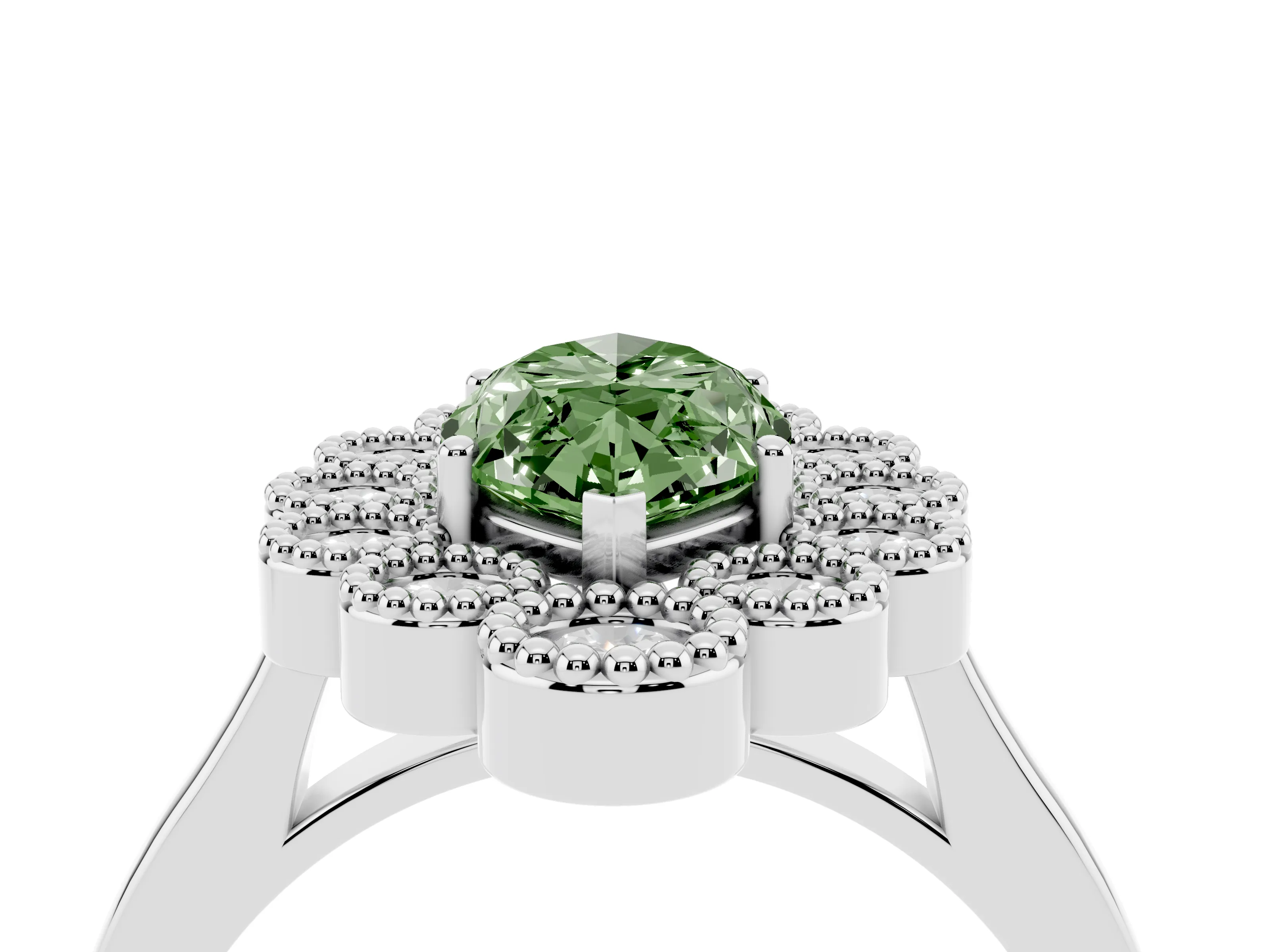 Fancy Green Marquise Cut Diamond Cluster Halo Ring Set in White gold with Milgrain Bezel Accents and Plain Band