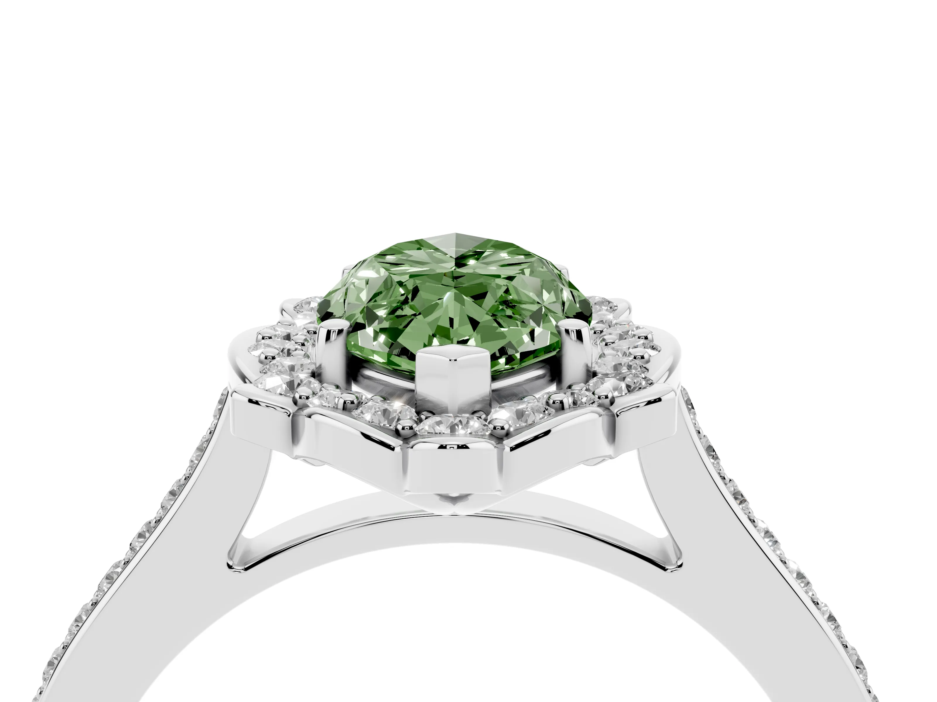 Fancy Green Marquise Cut Diamond Halo Ring Set in White gold with Pavé-Lined Shoulders and Prong Setting