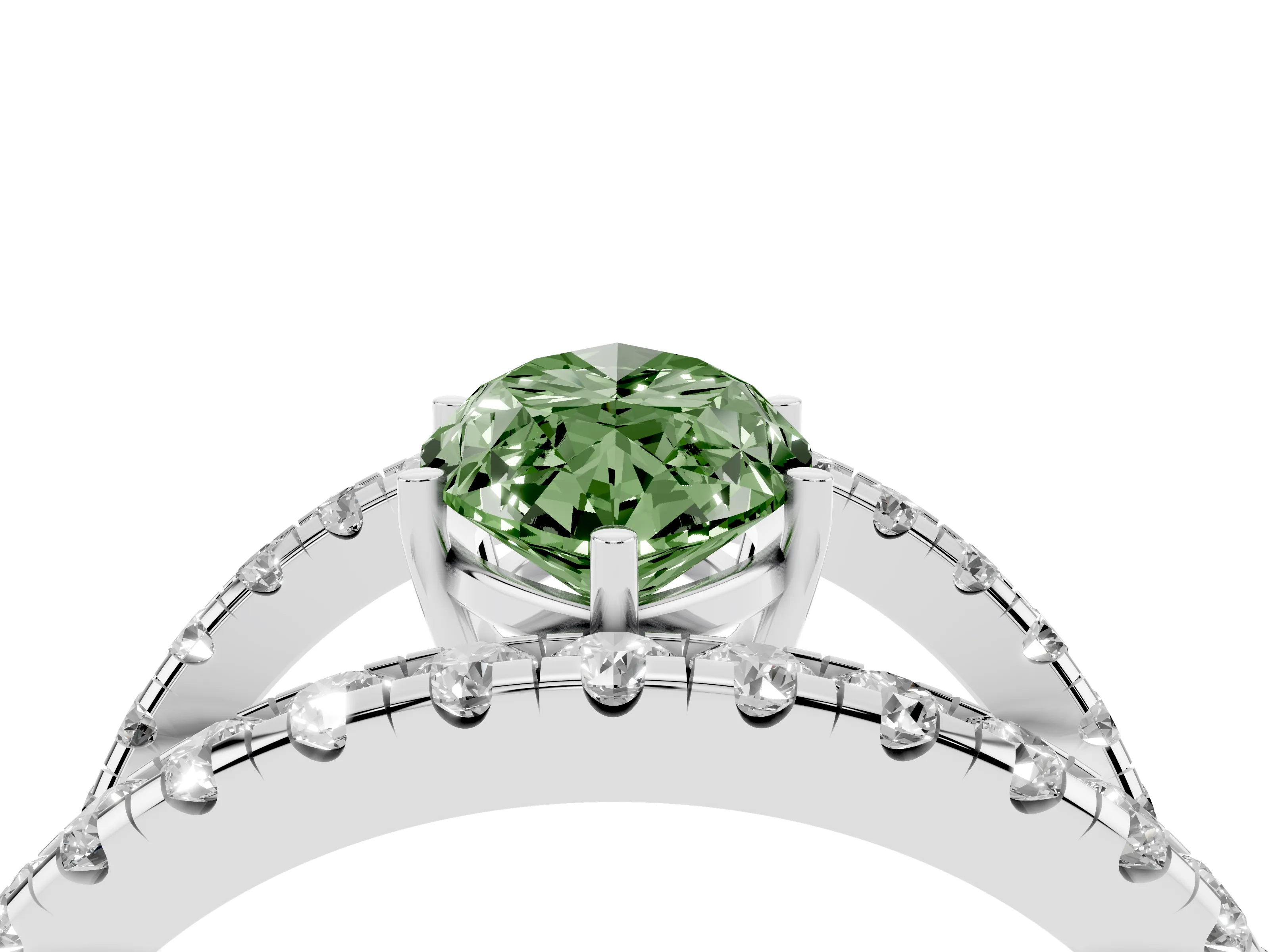 Fancy Green Marquise Cut Diamond Split Shank Pavé Solitaire Ring Set in White gold with Open Shank Design