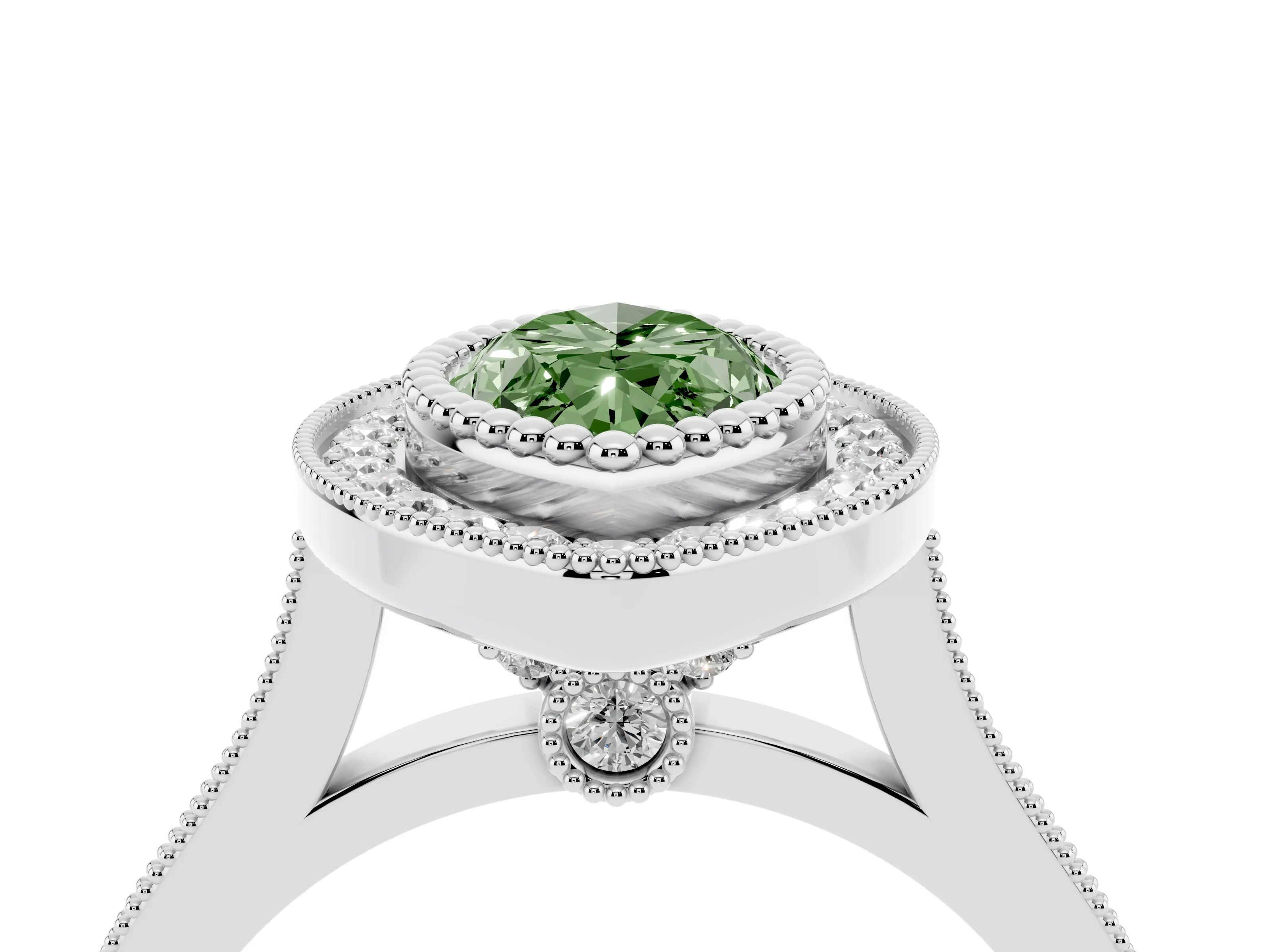 Fancy Green Marquise Cut Diamond Halo Ring Set in Silver with Milgrain Frame and Pavé Band