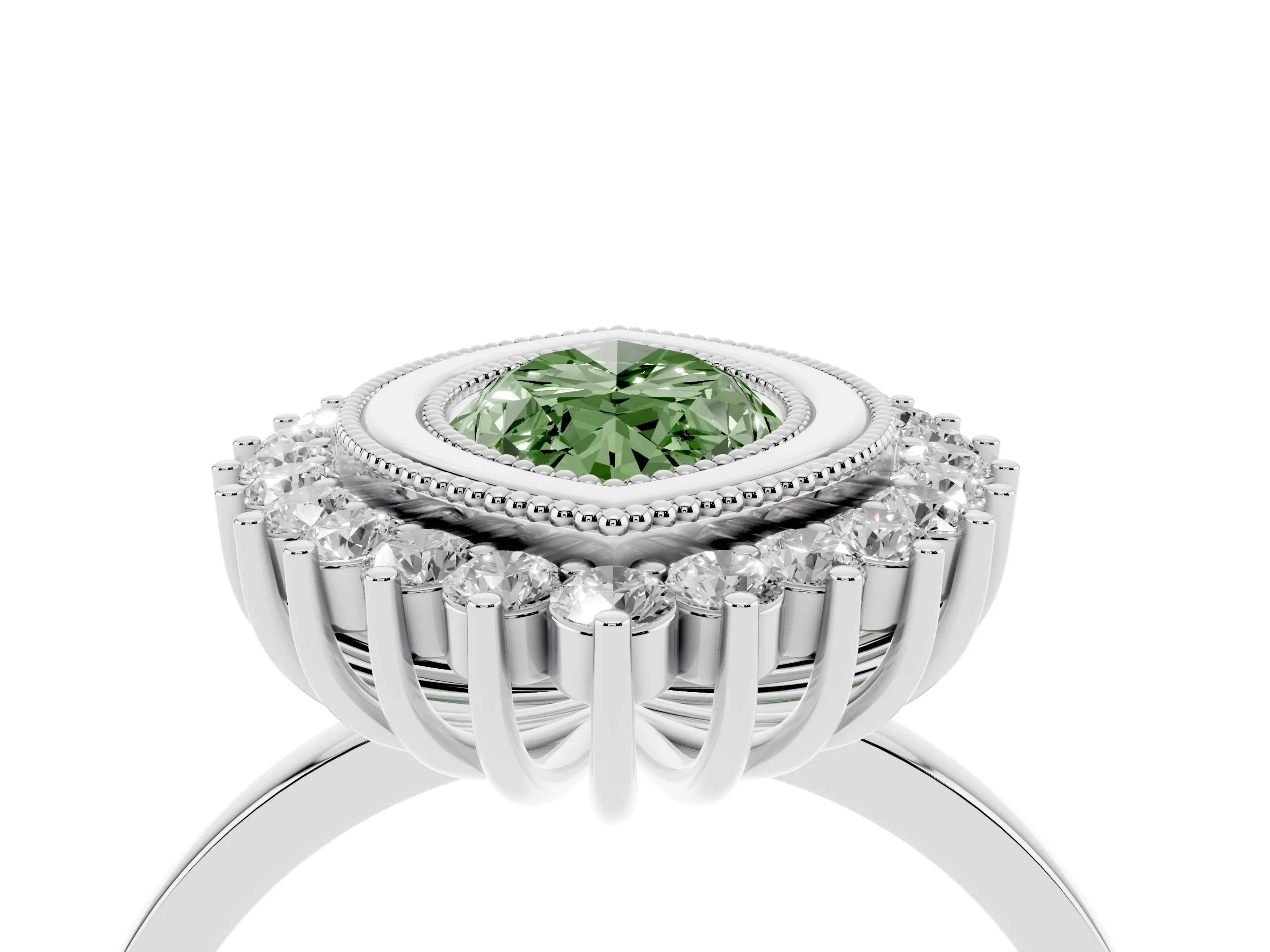 Fancy Green Marquise Cut Diamond Halo Ring Set in Platinum with Milgrain Edge and Round Prong Setting