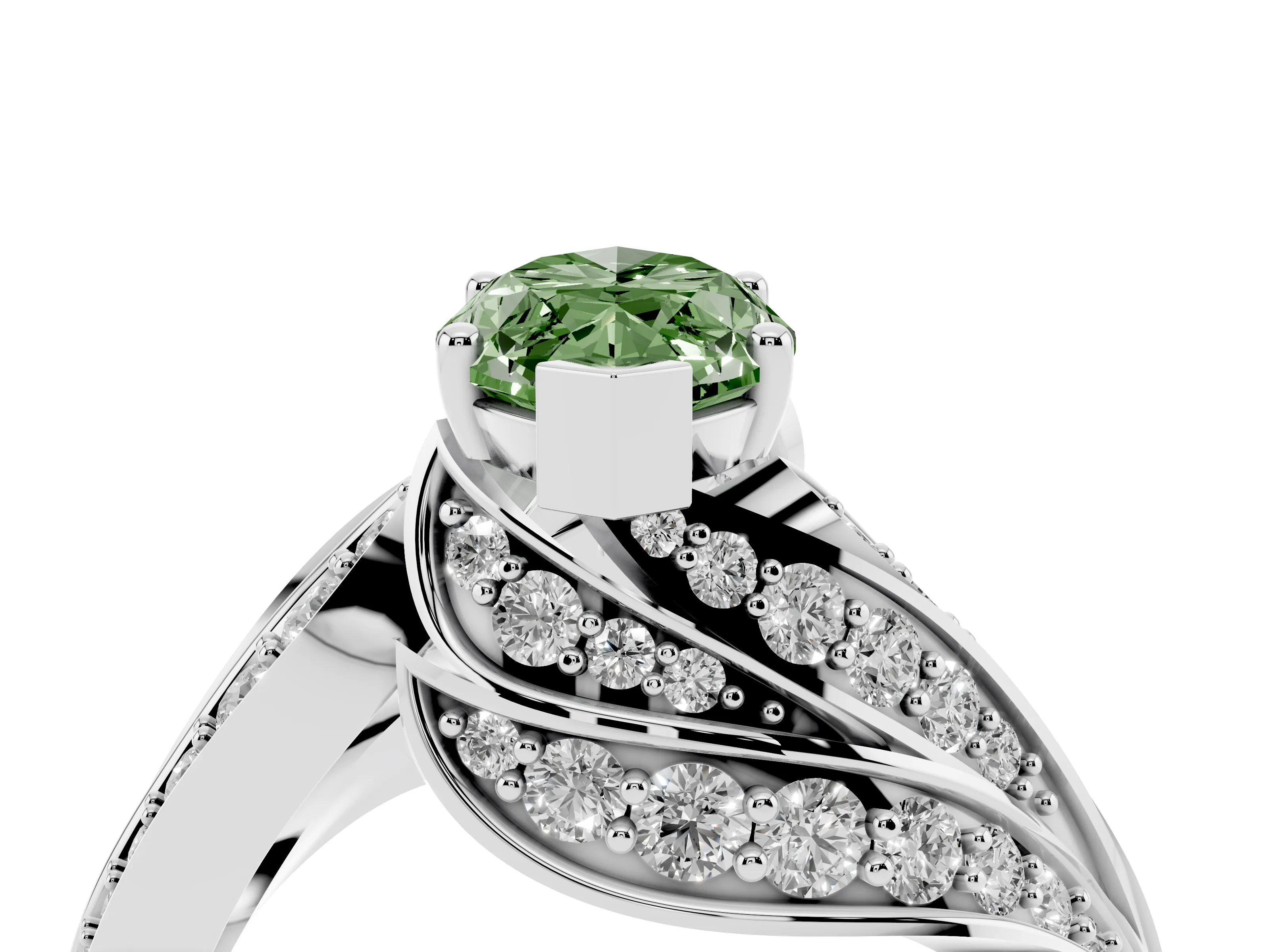 Fancy Green Marquise Cut Diamond Solitaire Ring Set in Platinum with Layered Twist Pavé Band
