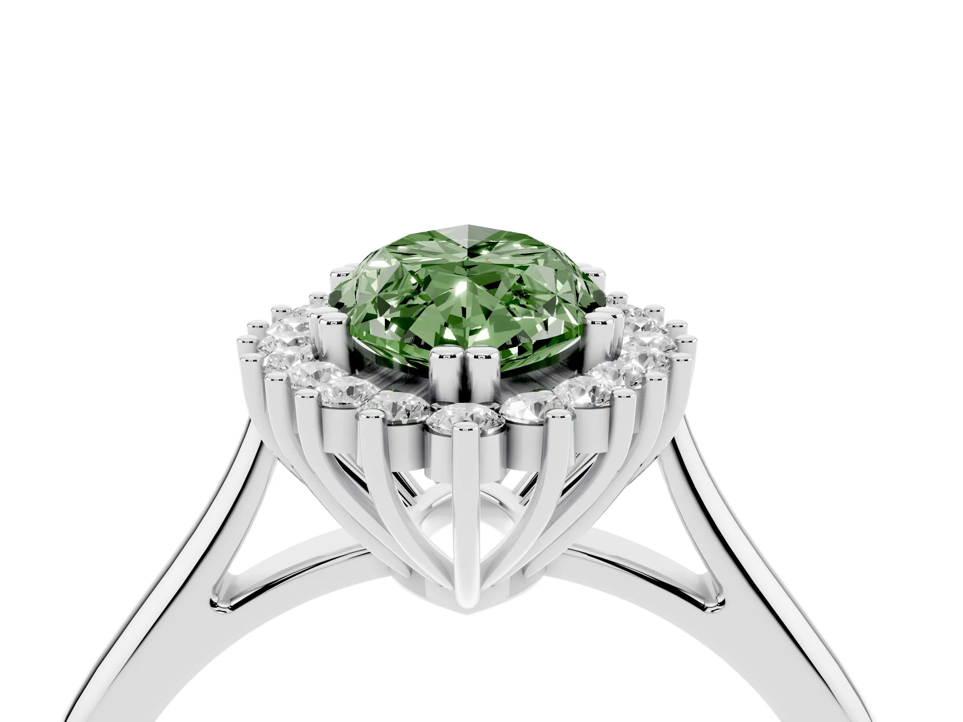 Fancy Green Marquise Cut Diamond Halo Ring Set in Silver with Plain Solitaire Band and Prong Setting