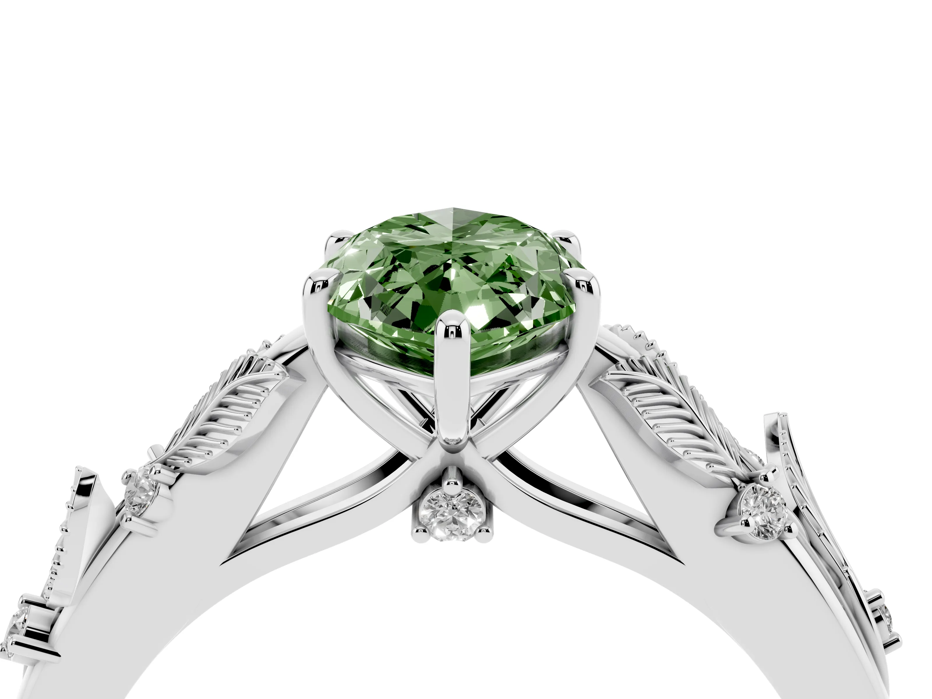 Fancy Green Marquise Cut Diamond Solitaire Ring Set in White gold with Leaf Motif Band
