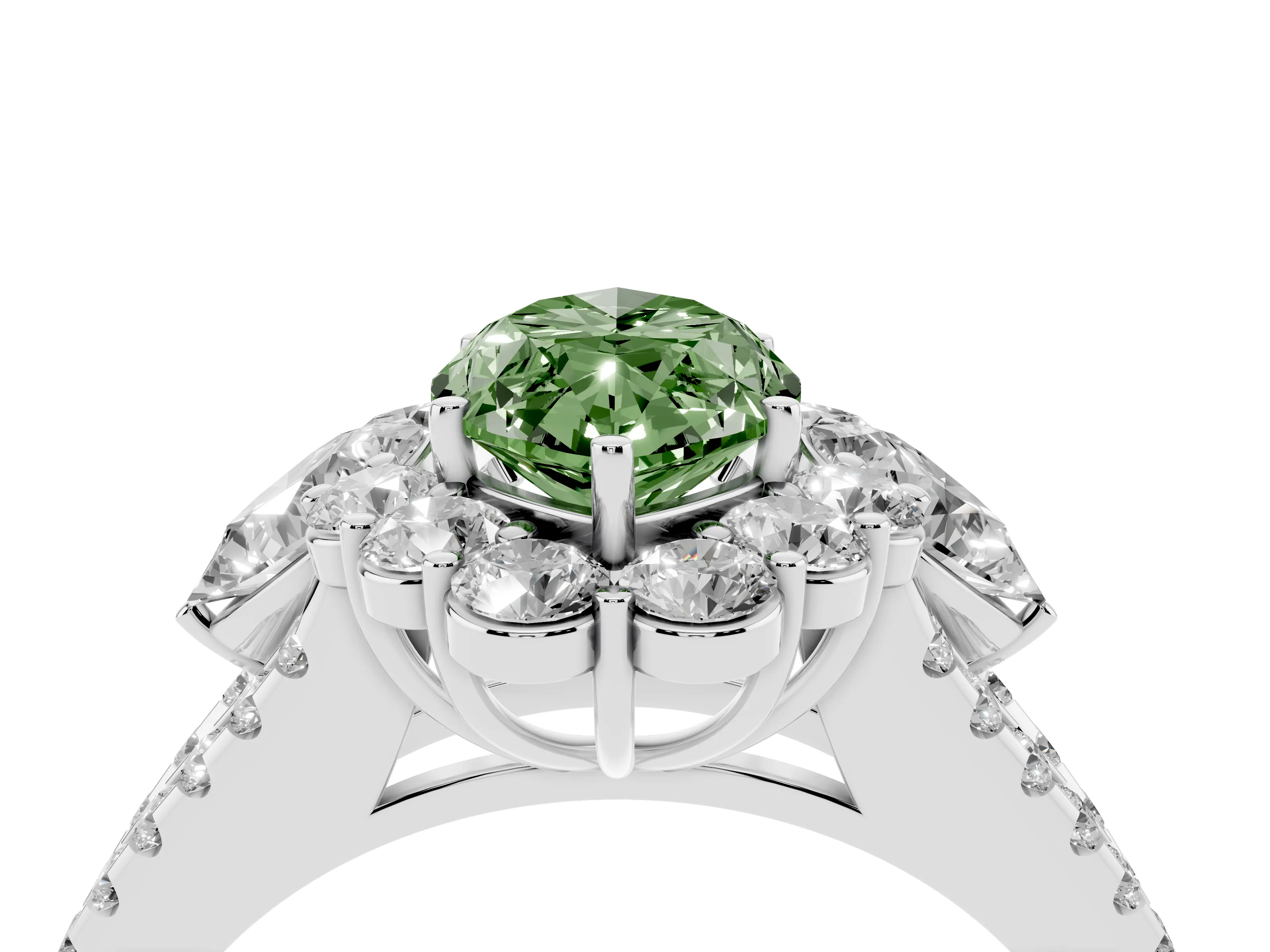 Fancy Green Marquise Cut Diamond Halo Split Shank Engagement Ring Set in White gold with Prong-Held Center Stone