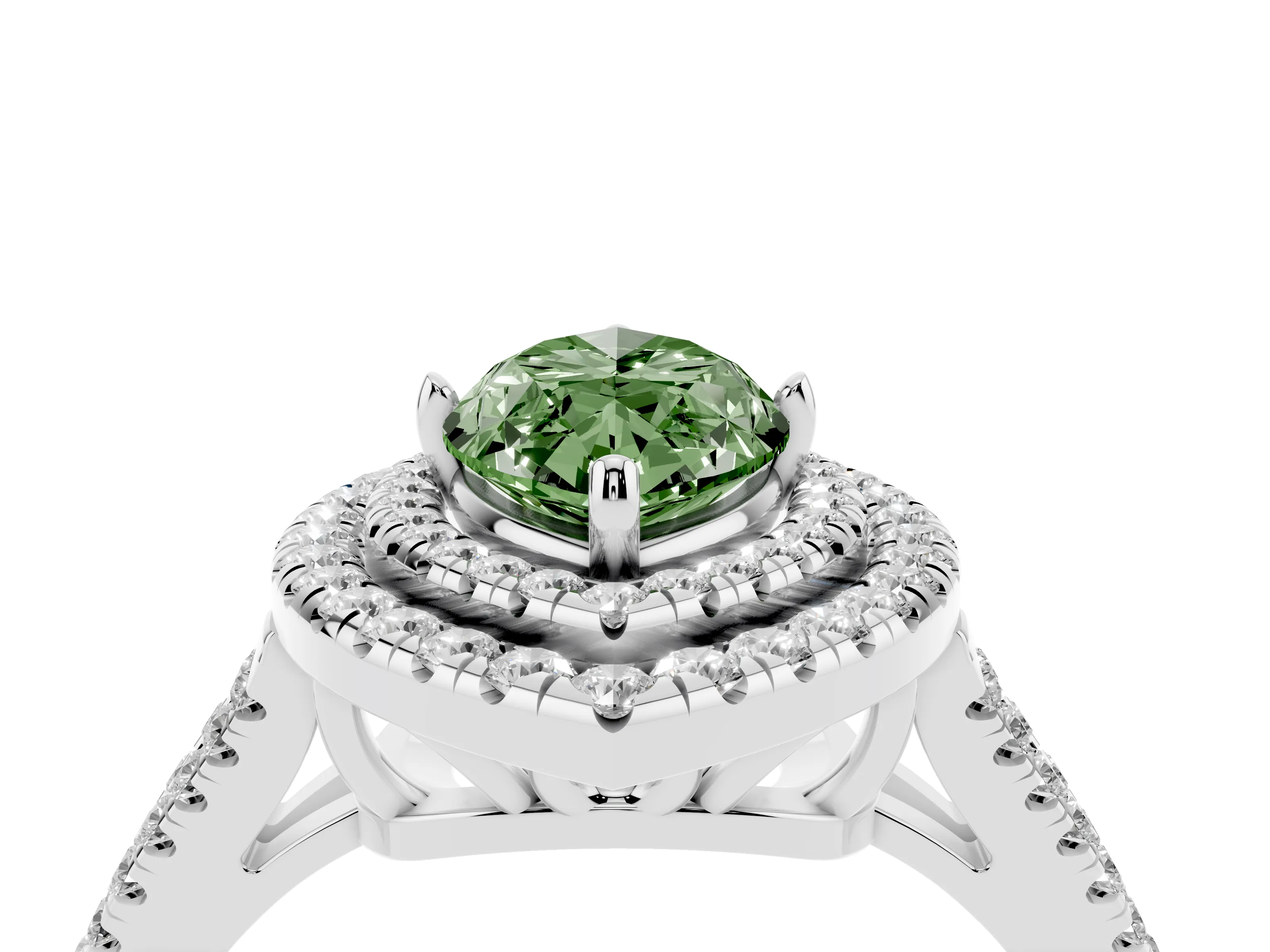 Fancy Green Marquise Cut Diamond Double Halo Ring Set in White gold with Pavé Band