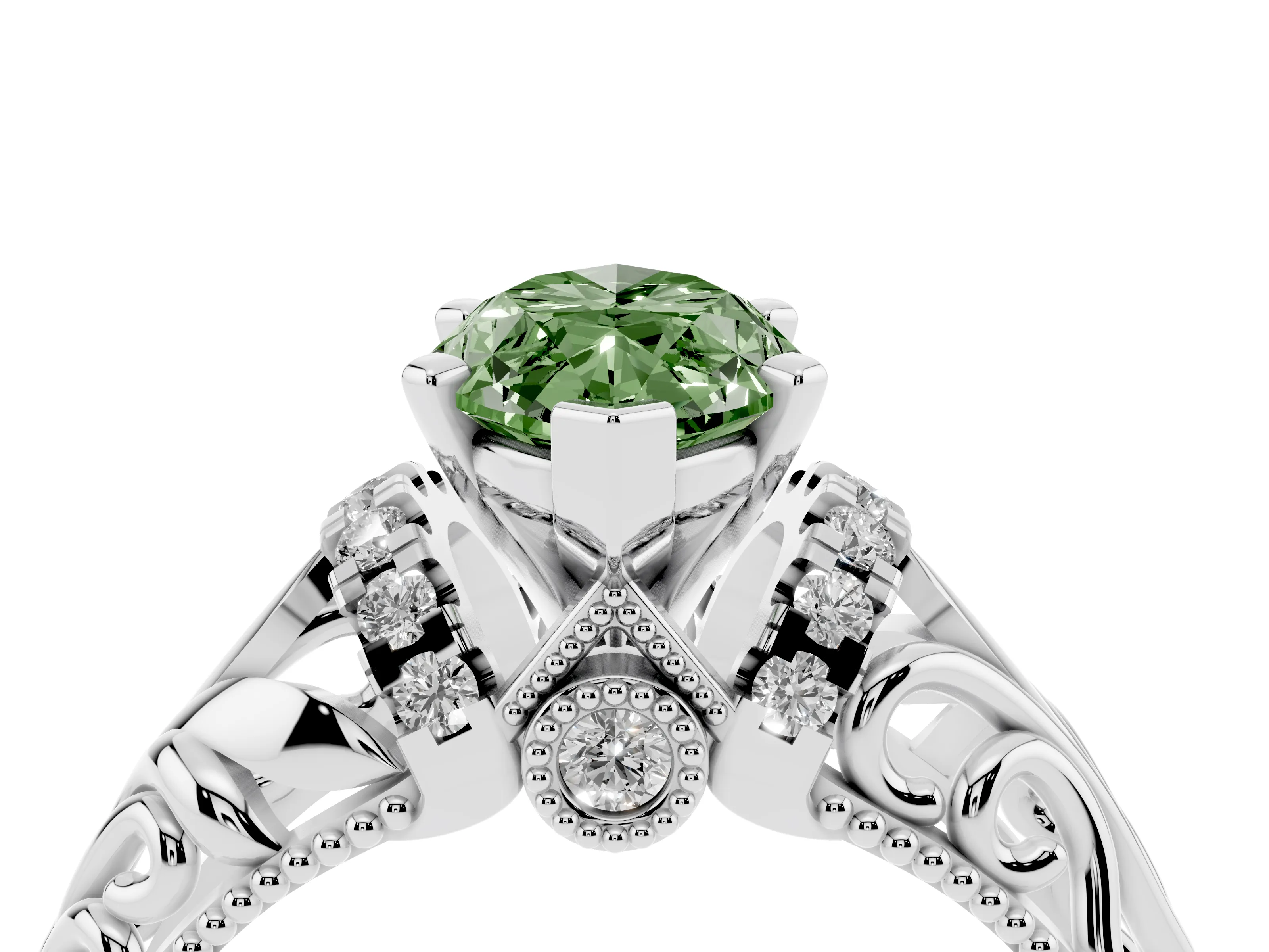 Fancy Green Marquise Cut Diamond Filigree Halo Engagement Ring Set in White gold with Prong Setting