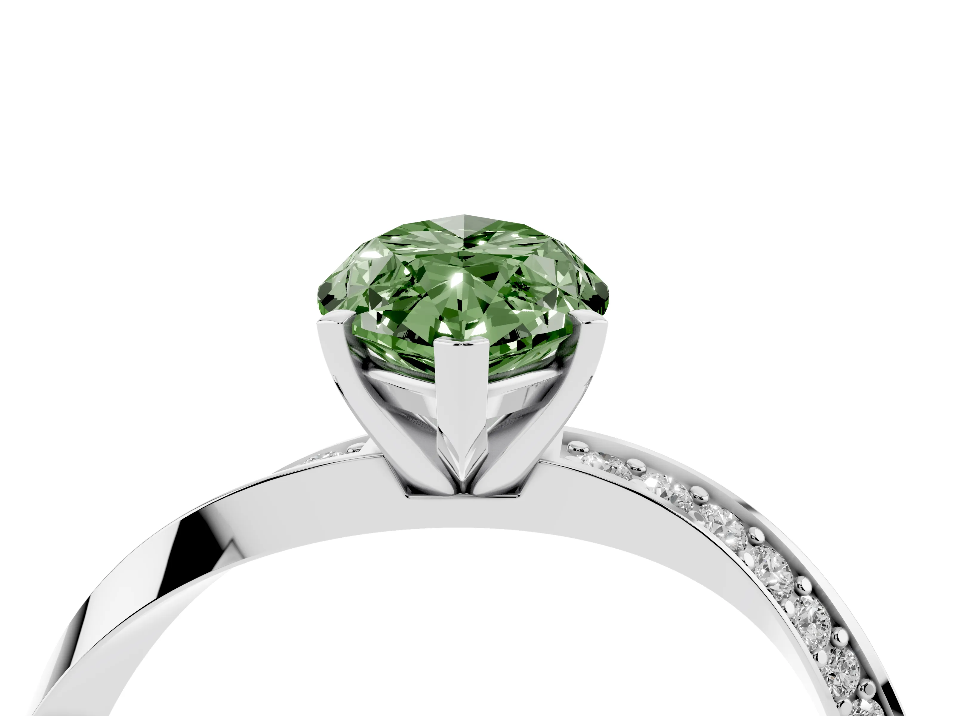 Fancy Green Marquise Cut Diamond Engagement Ring Set in White gold with Side Stone Accents and Prong Setting