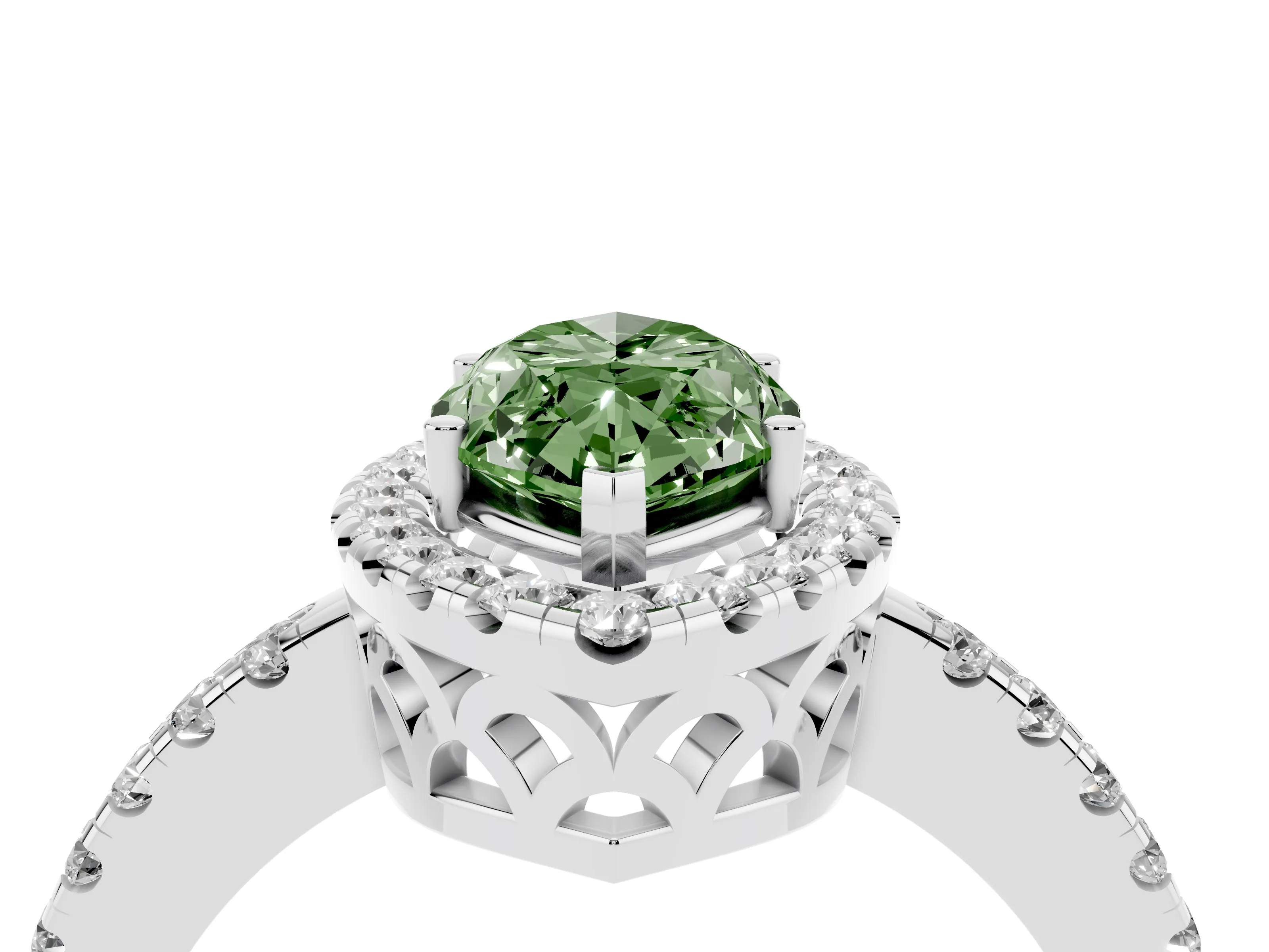 Fancy Green Marquise Cut Diamond Pavé Band Halo Engagement Ring Set in White gold with Prong Setting