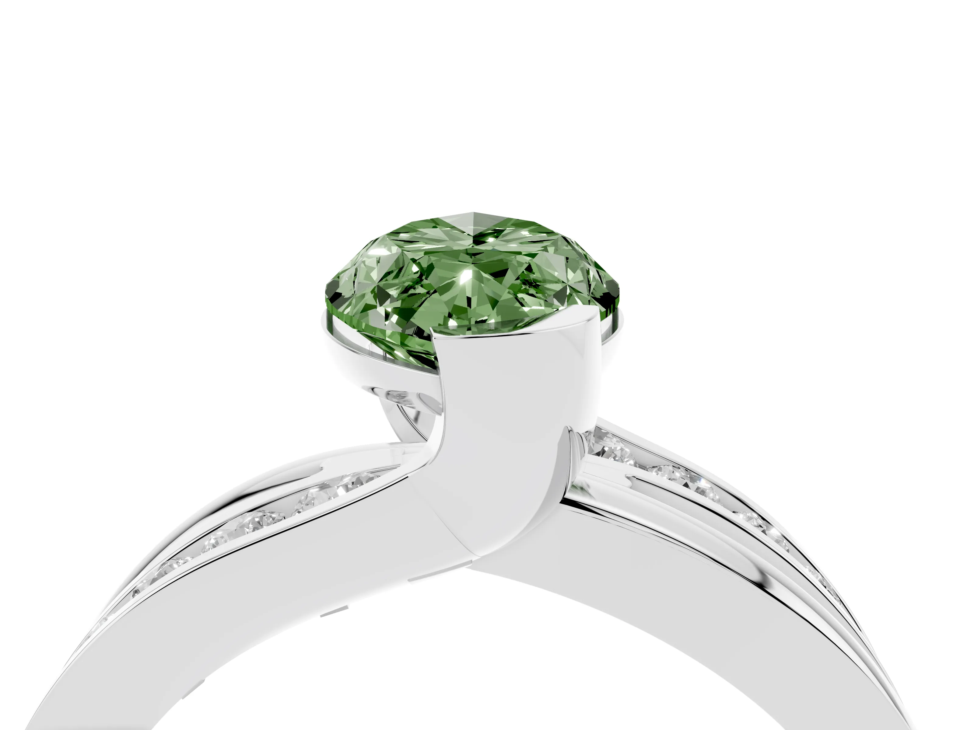 Fancy Green Marquise Cut Diamond Solitaire Ring Set in Silver with Channel Set Split Shank and Tension Prongs