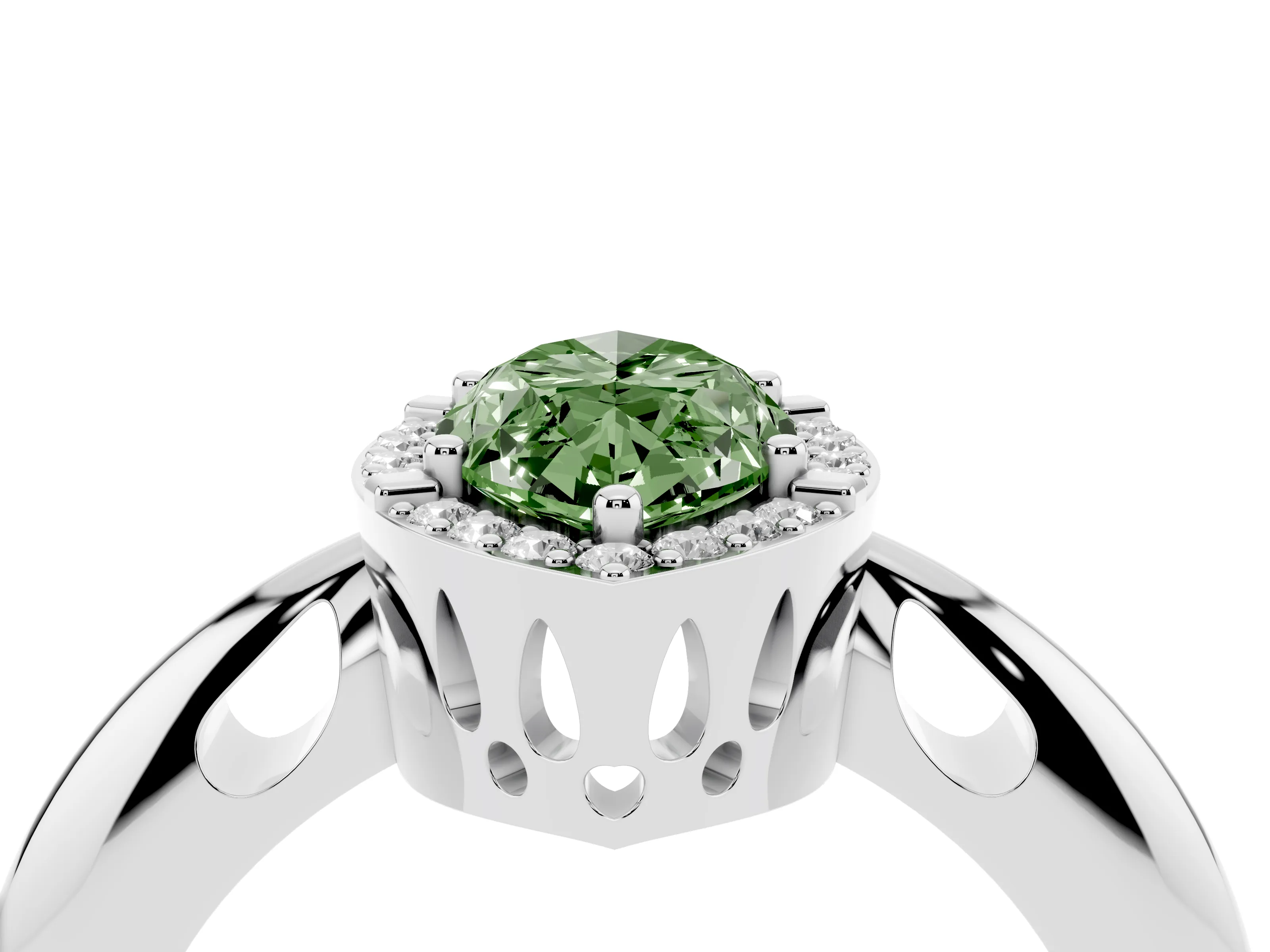 Fancy Green Marquise Cut Diamond Halo Engagement Ring Set in White gold with Plain Split Shank and Prong Setting