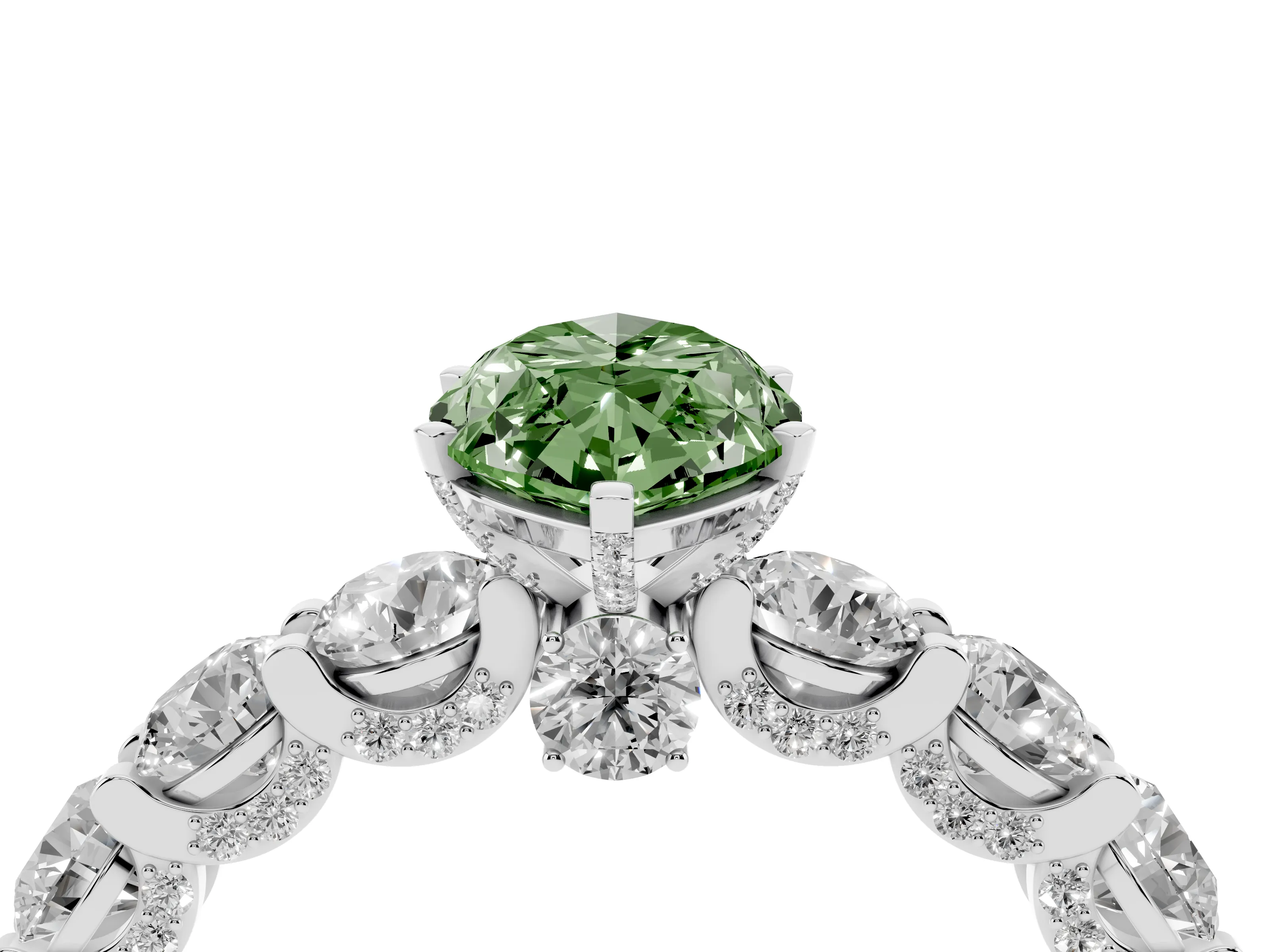 Fancy Green Marquise Cut Diamond Side Stone Ring Set in White gold with Alternating Round and Oval Side Stones