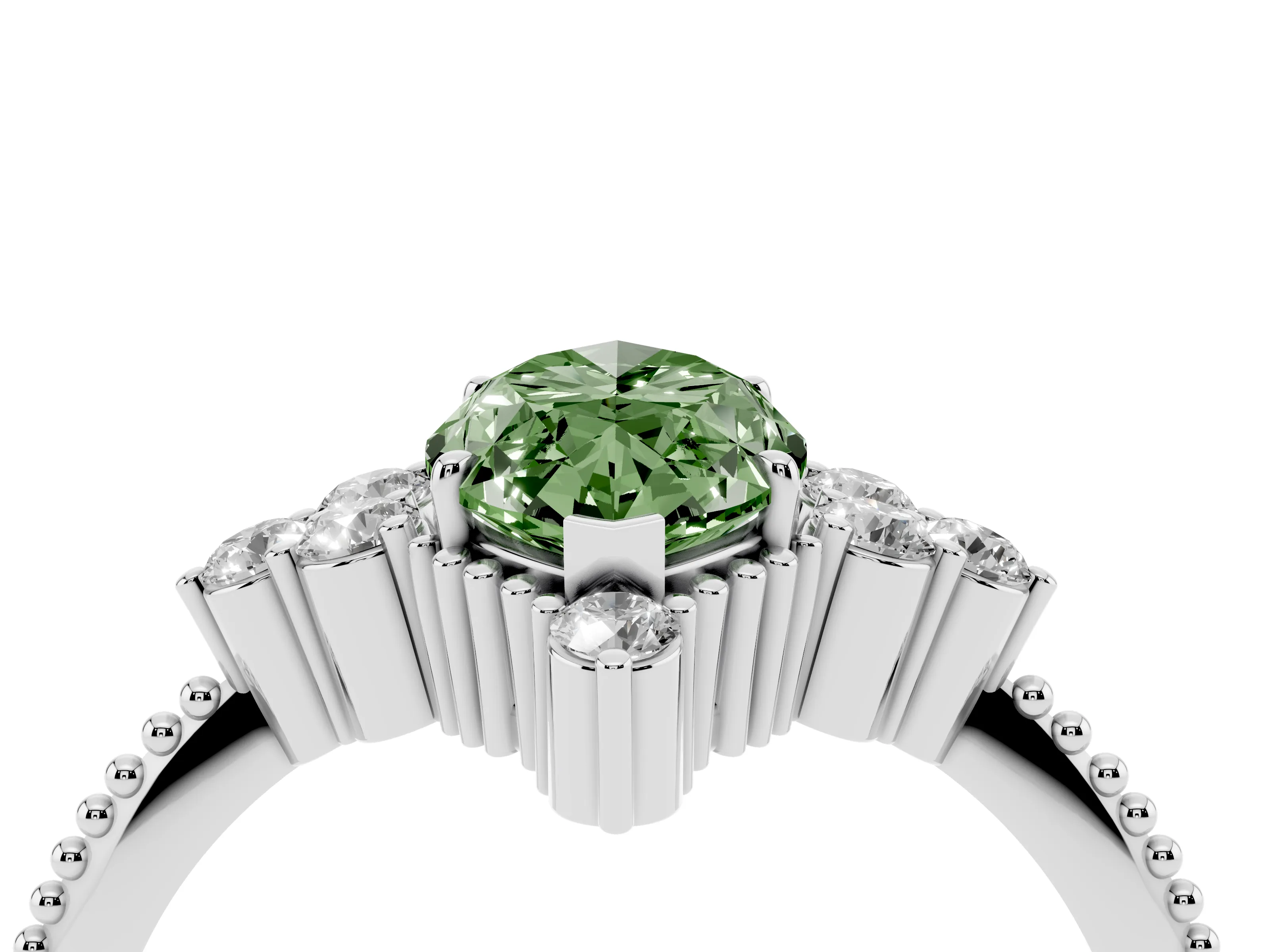 Fancy Green Marquise Cut Diamond Cluster Ring Set in Silver with Beaded Band