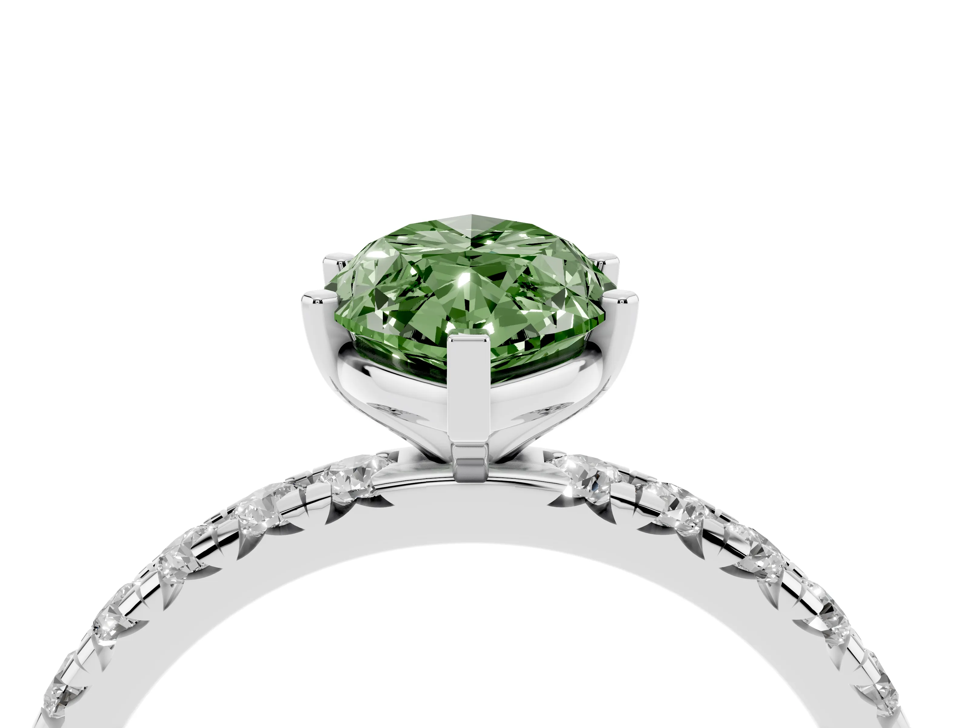 Fancy Green Marquise Cut Diamond Pavé Solitaire Ring Set in White gold with Round Band and Prong Setting