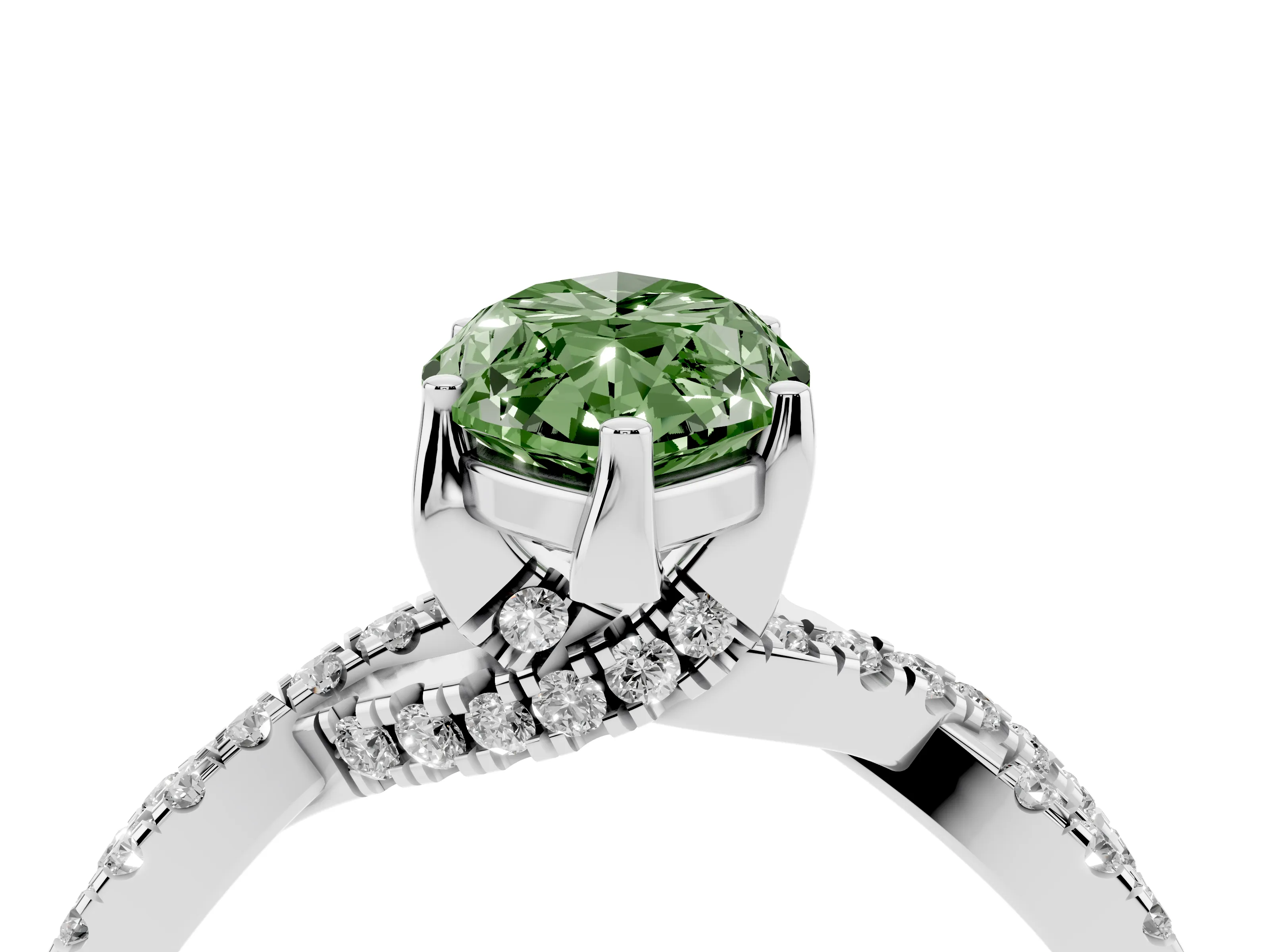 Fancy Green Marquise Cut Diamond Twist Pavé Solitaire Engagement Ring Set in White gold with Prong Setting