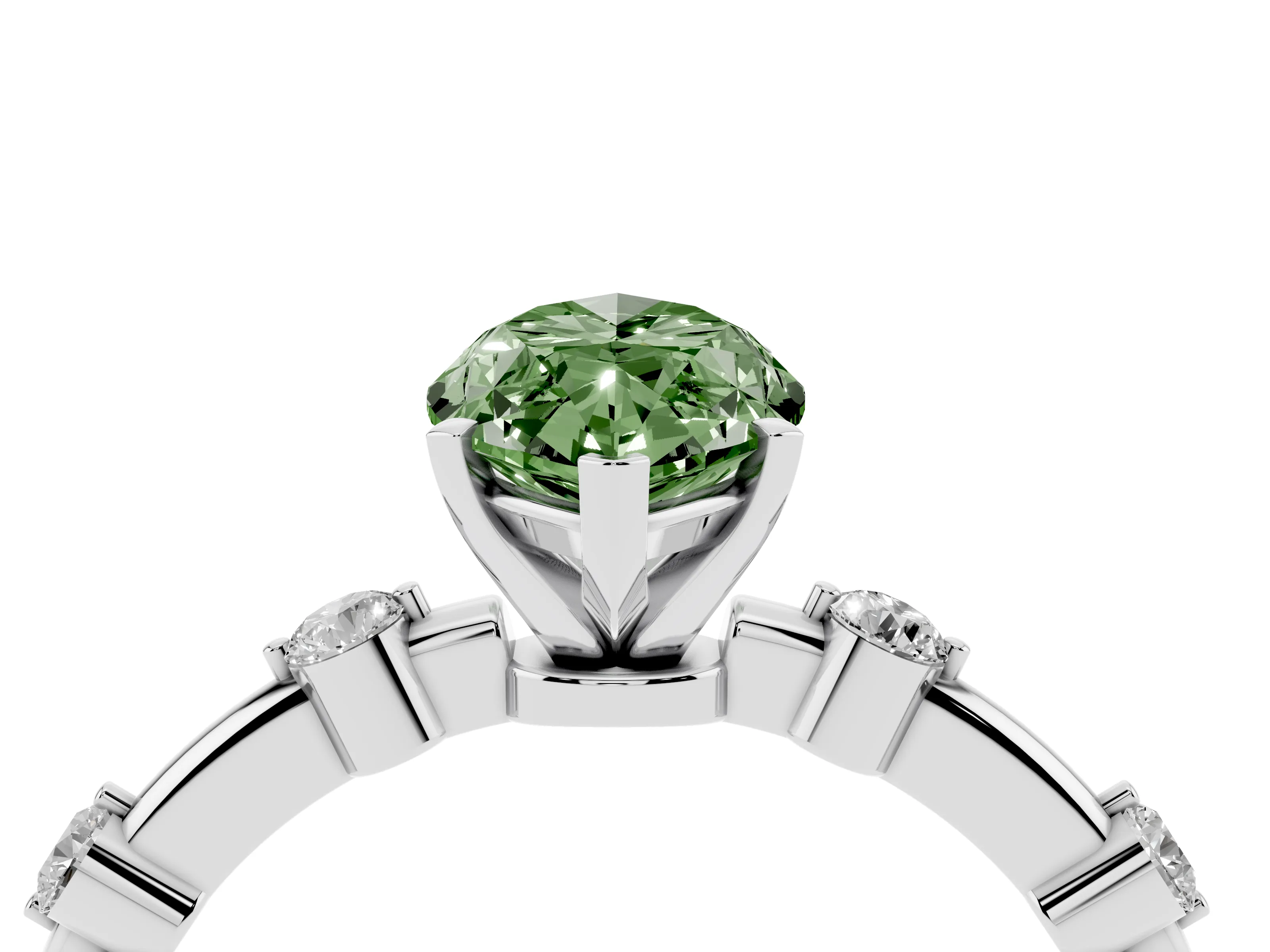 Fancy Green Marquise Cut Diamond Solitaire Ring Set in White gold with Bezel Set Side Stones and Prong Setting