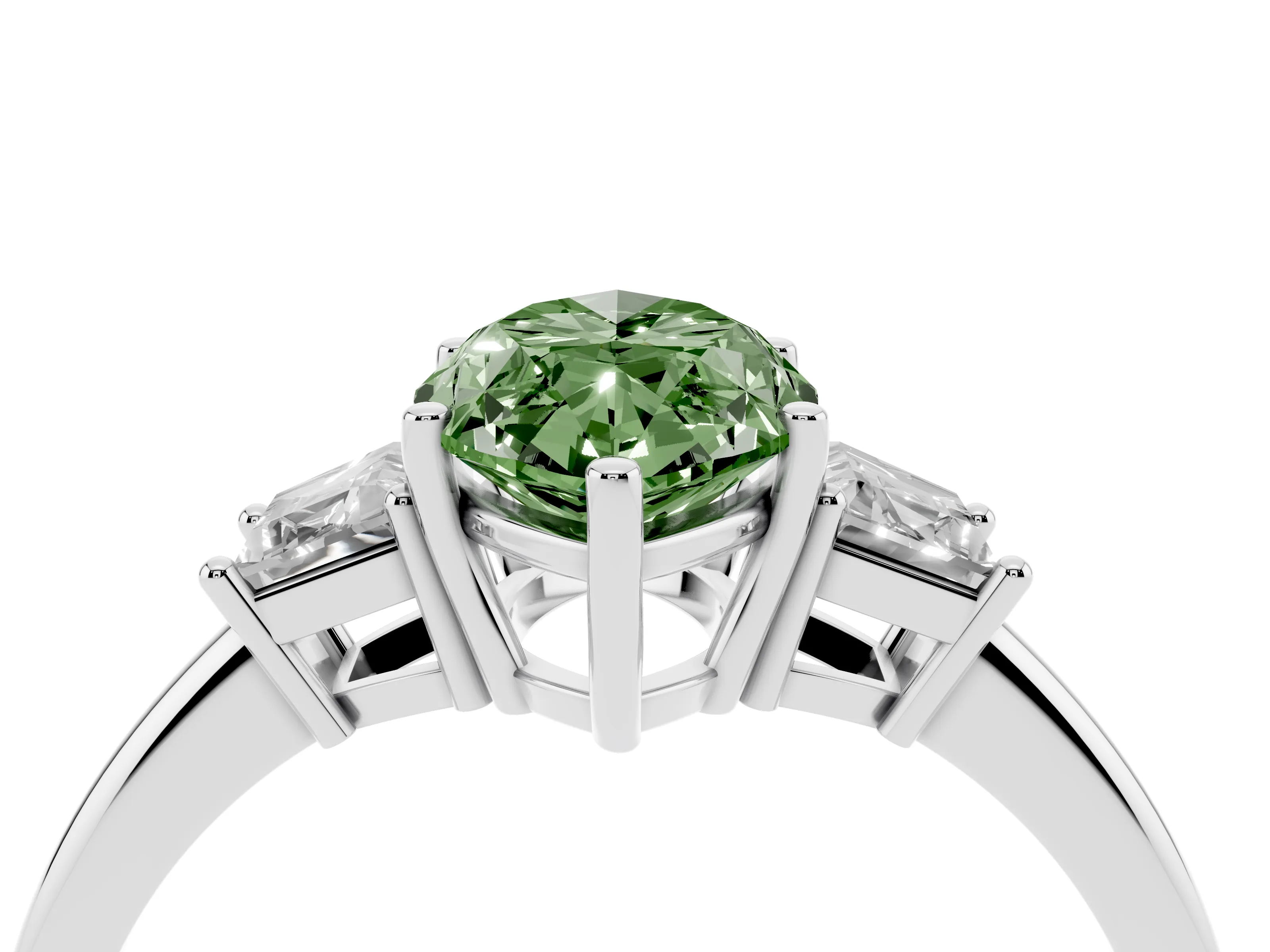 Fancy Green Marquise Cut Diamond Three-Stone Ring Set in Silver with Trapezoid Side Stones and Prong Setting