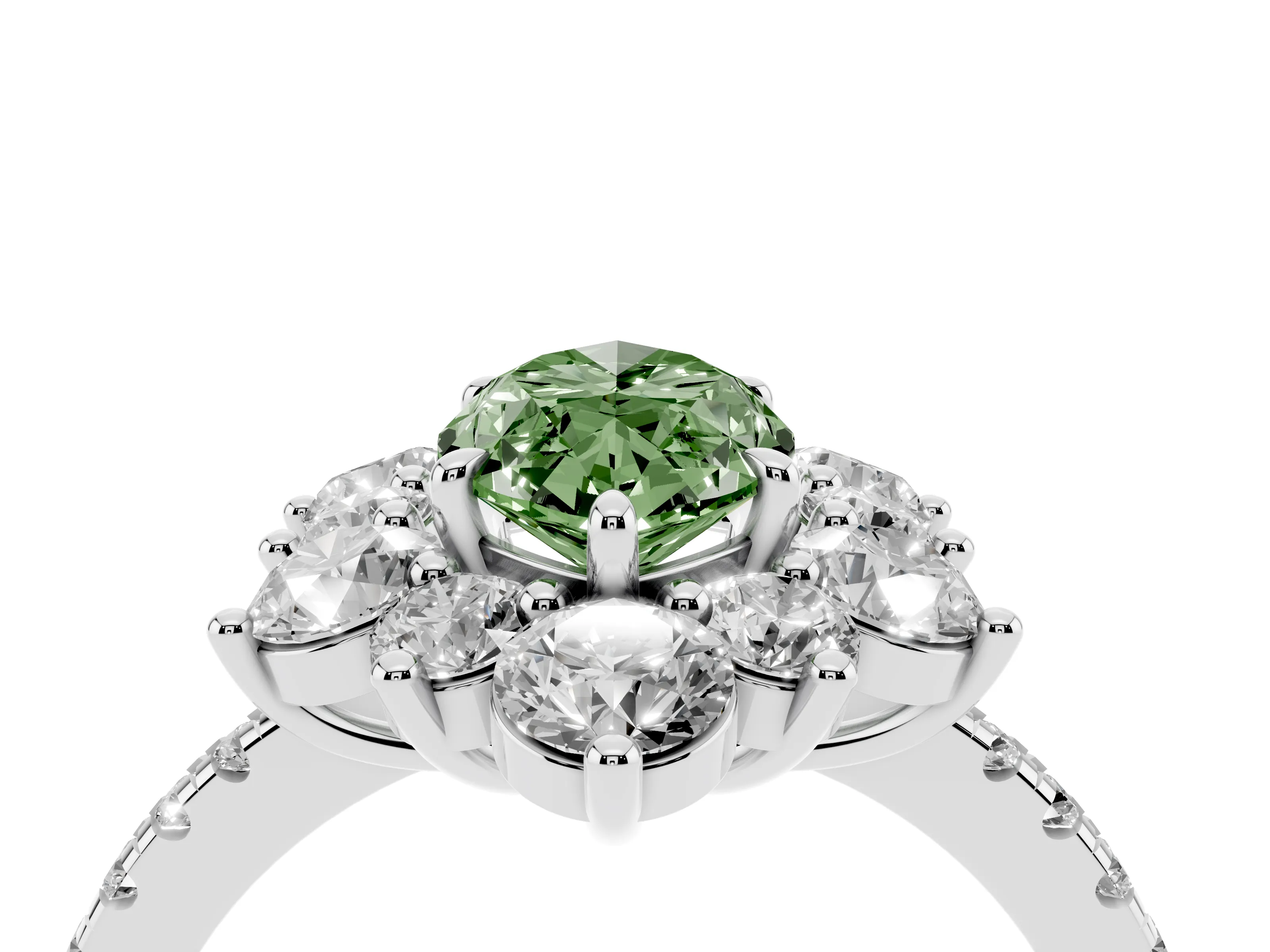 Fancy Green Marquise Cut Diamond Floral Halo Ring Set in White gold with Round Pavé Band and Prong Setting