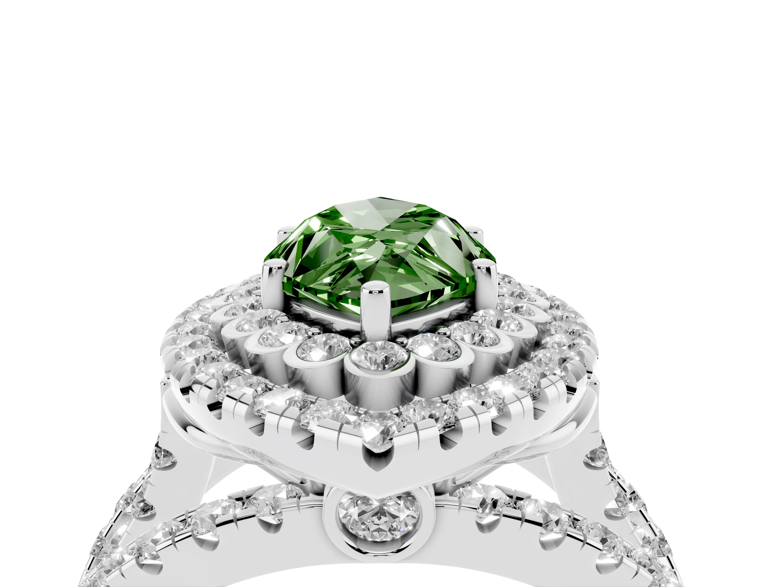 Fancy Green Marquise Cut Diamond Double Halo Ring Set in White gold with Round Pavé Split Shank