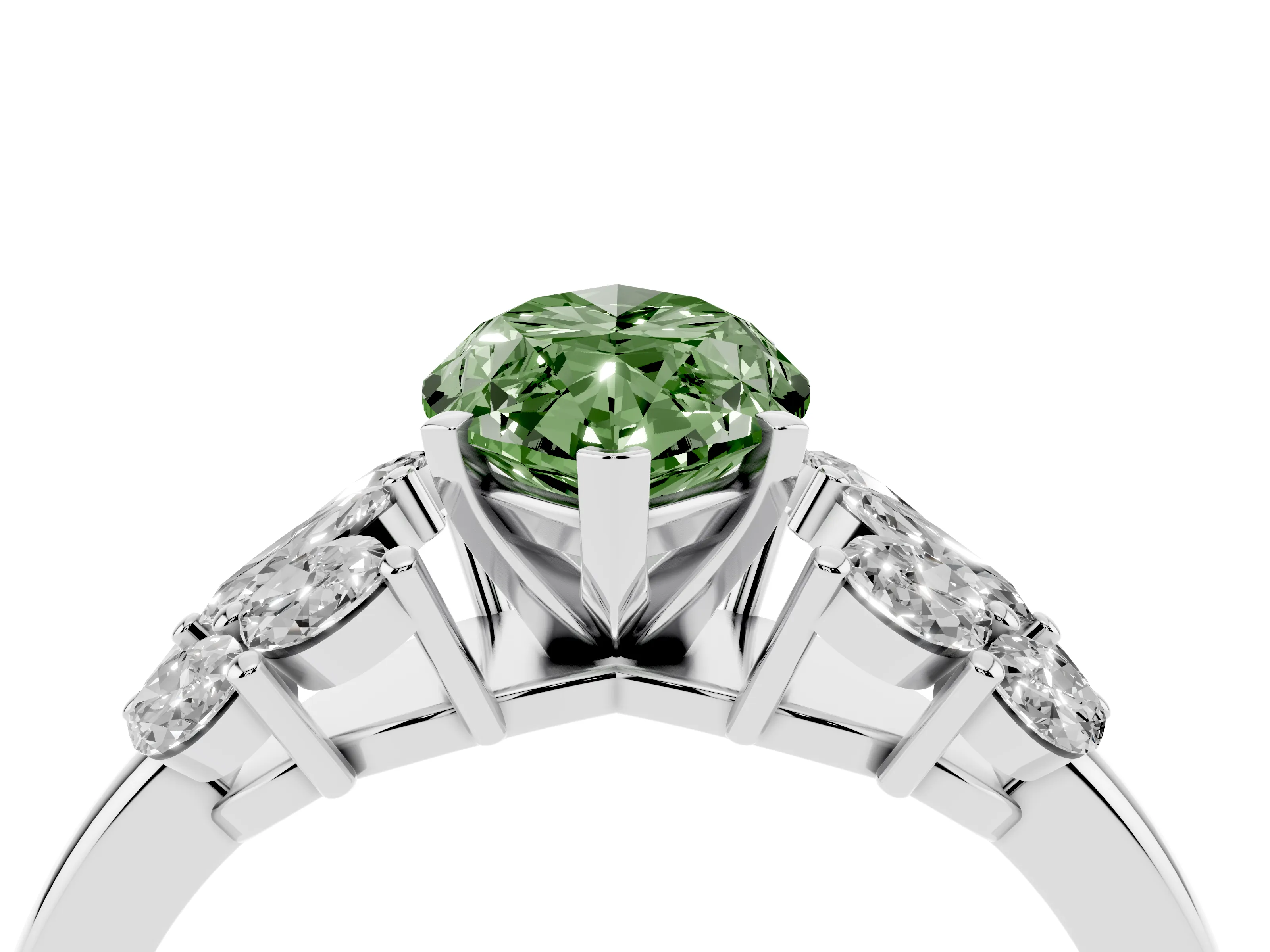 Fancy Green Marquise Cut Diamond Cluster Leaf Design Ring Set in Silver with Prong Setting