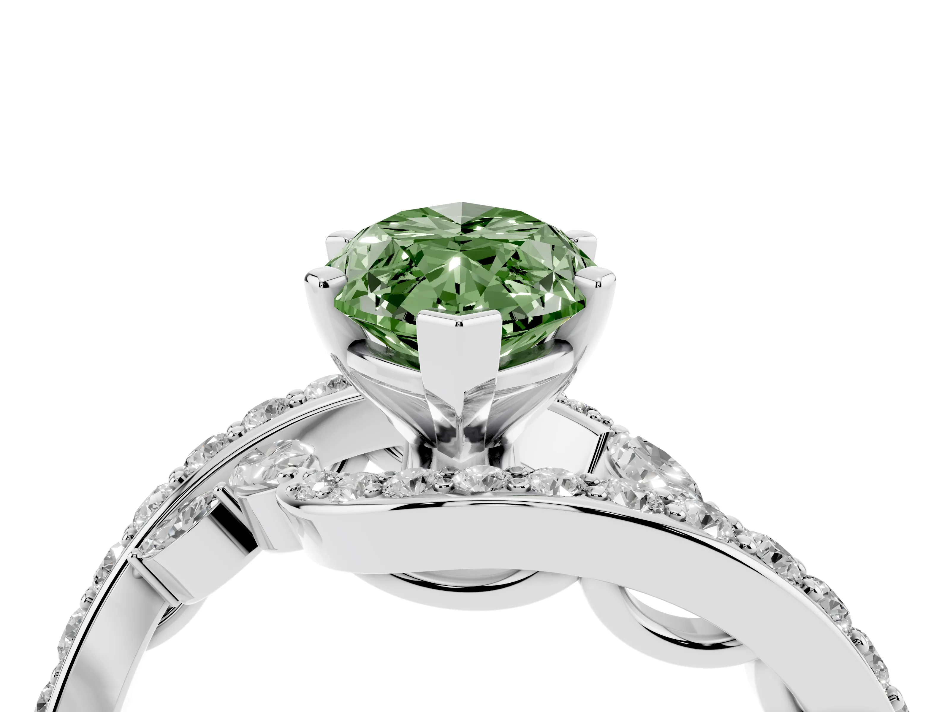 Fancy Green Marquise Cut Diamond Solitaire Ring Set in Silver with Pavé Twist Band and Secure Prong Setting