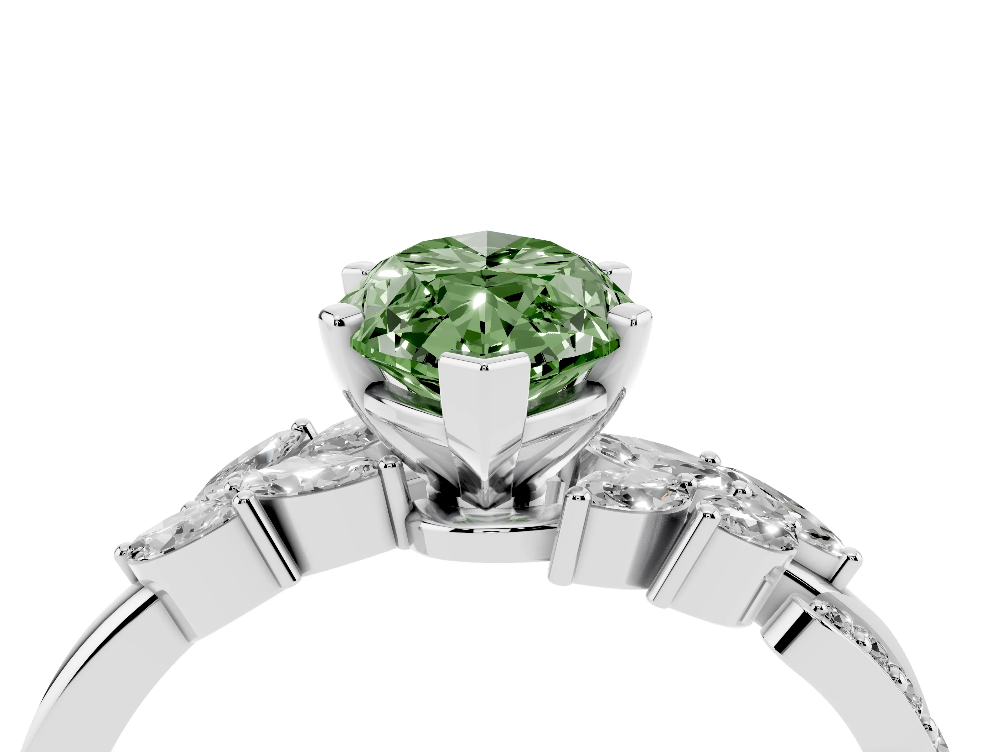 Fancy Green Marquise Cut Diamond Solitaire Ring Set in White gold with Marquise Twist Band and Prong Setting