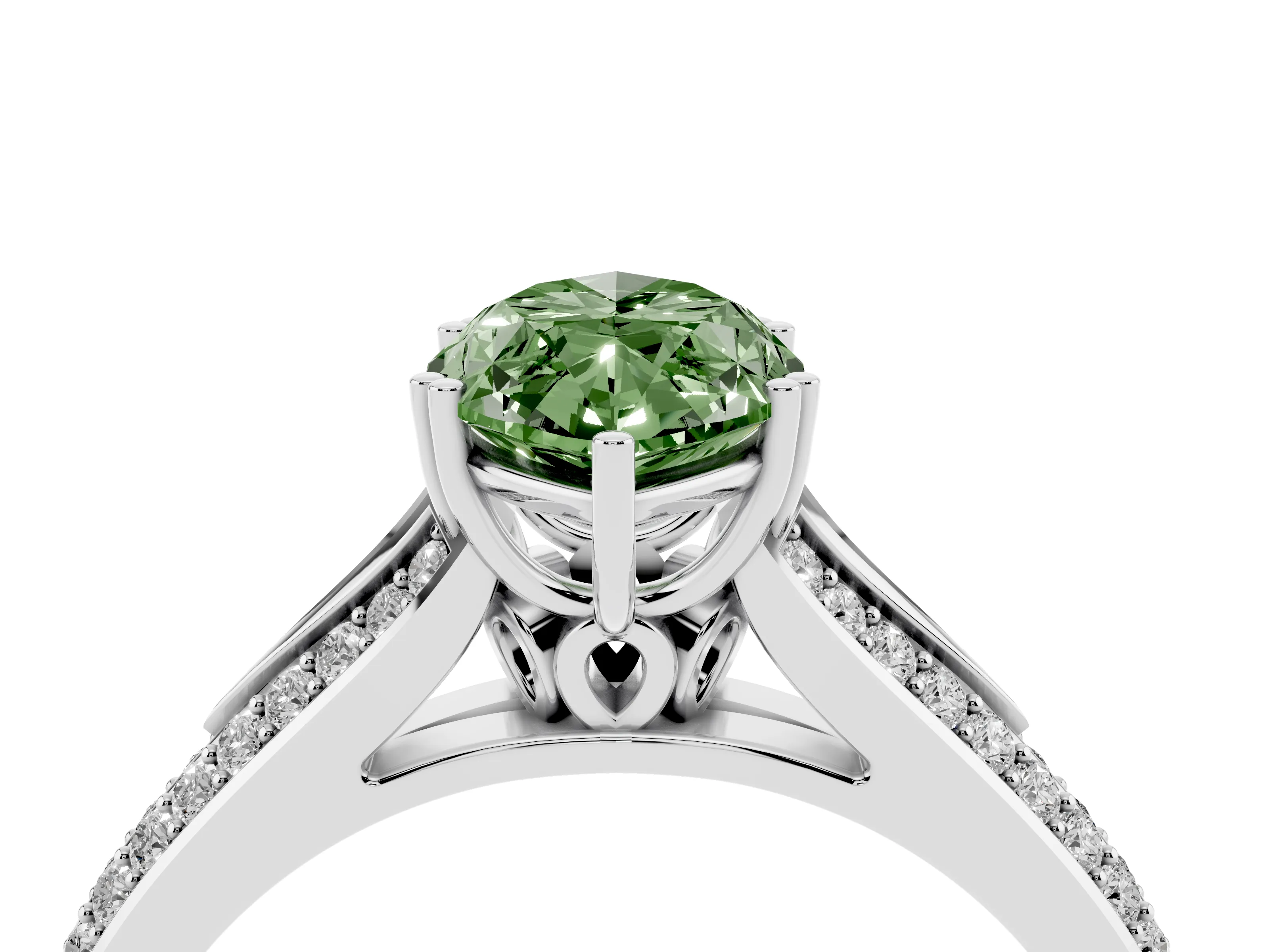 Fancy Green Marquise Cut Diamond Split Shank Pavé Engagement Ring Set in White gold with Prong-Set Center Stone